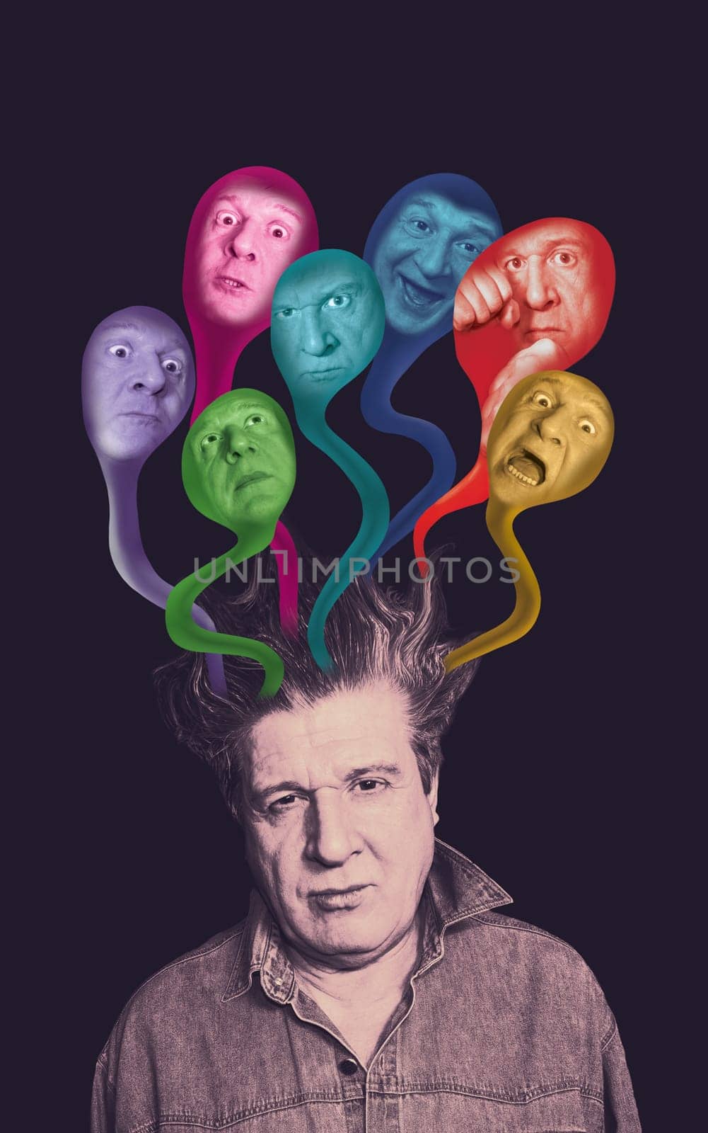 Man with his faces. Art collage about different emotions - inner demons concept