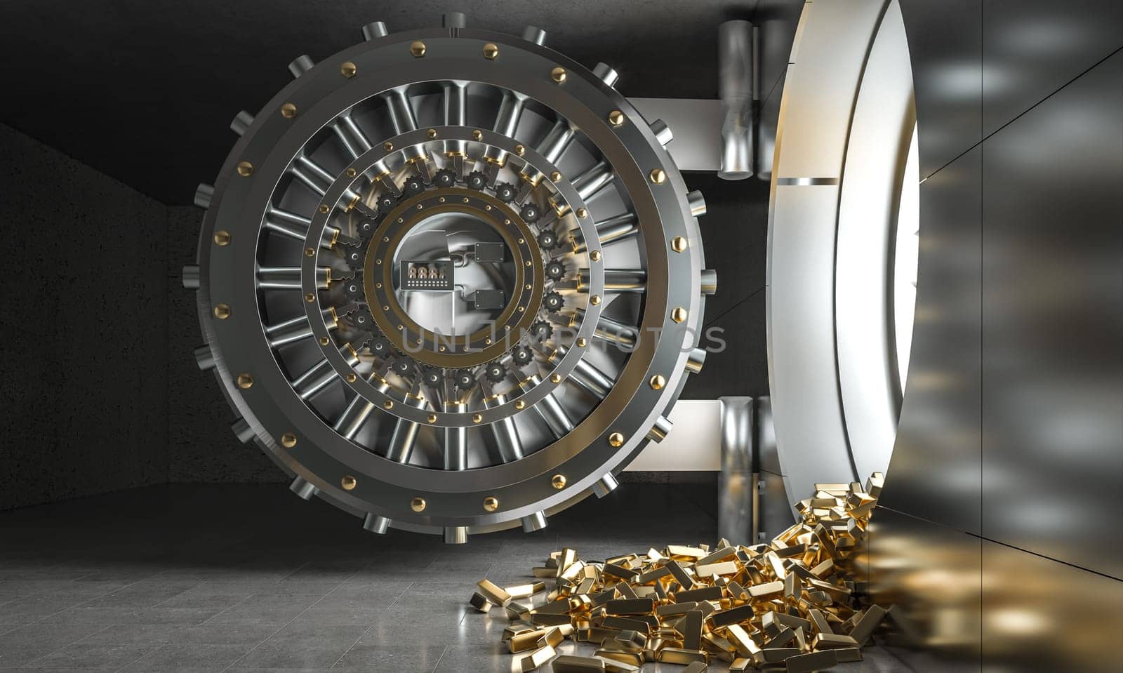 Open bank vault door with gold bars falling out 3d background