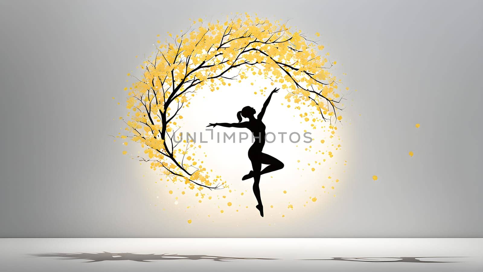 Abstract minimalist spring scene with a single, sharp silhouette of a rhythm gymnastic and of a blooming tree on a vast light grey canvas