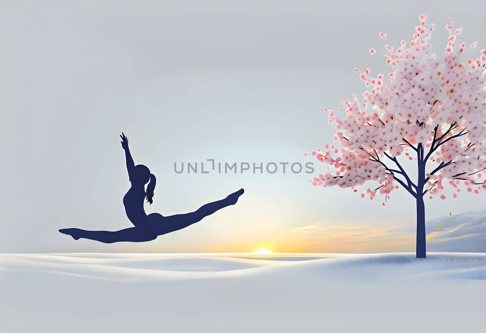 Abstract minimalist spring scene with a single, sharp silhouette of a rhythm gymnastic and of a blooming tree on a vast light grey canvas