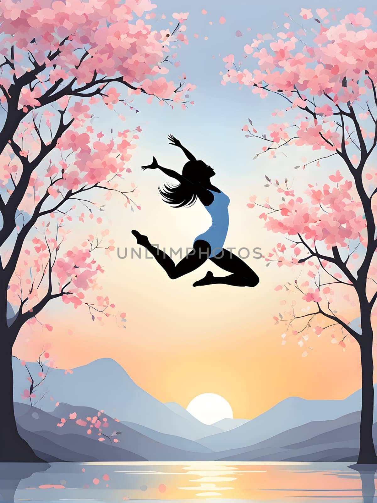 Abstract minimalist spring scene with a single, sharp silhouette of a rhythm gymnastic and of a blooming tree on a vast light grey canvas