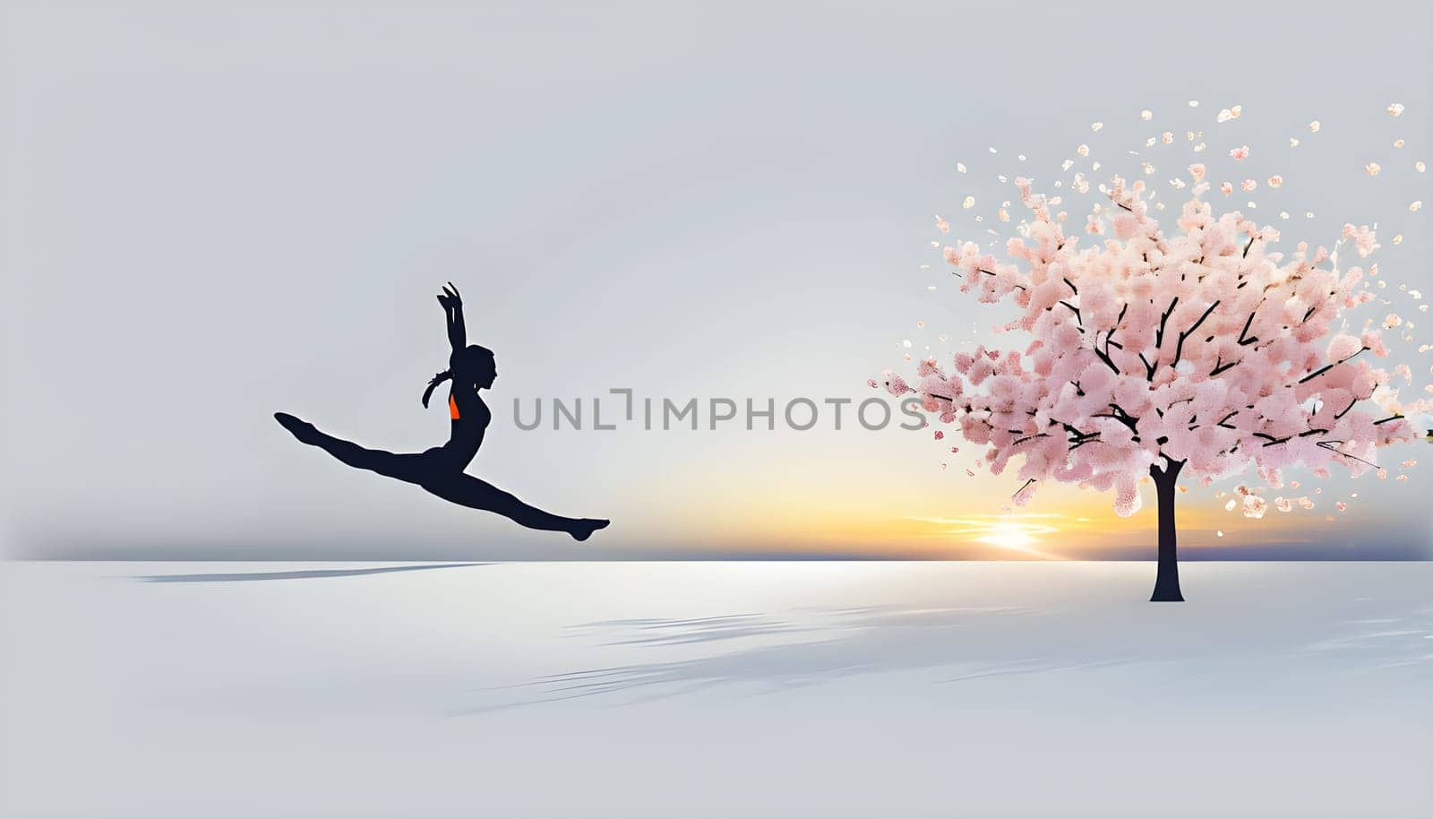 Abstract minimalist spring scene with a single, sharp silhouette of a rhythm gymnastic and of a blooming tree on a vast light grey canvas
