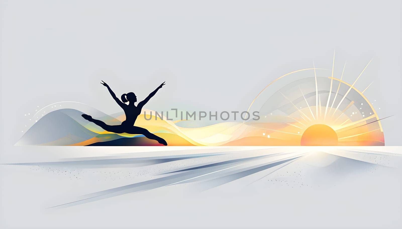 Abstract minimalist spring scene with a single, sharp silhouette of a rhythm gymnastic and of a blooming tree on a vast light grey canvas