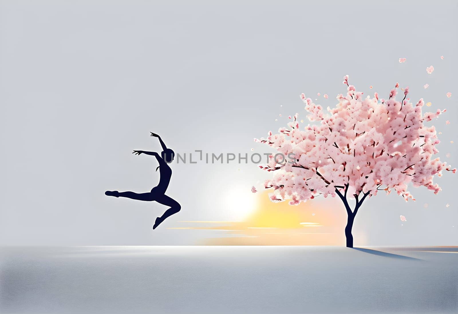Abstract minimalist spring scene with a single, sharp silhouette of a rhythm gymnastic and of a blooming tree on a vast light grey canvas