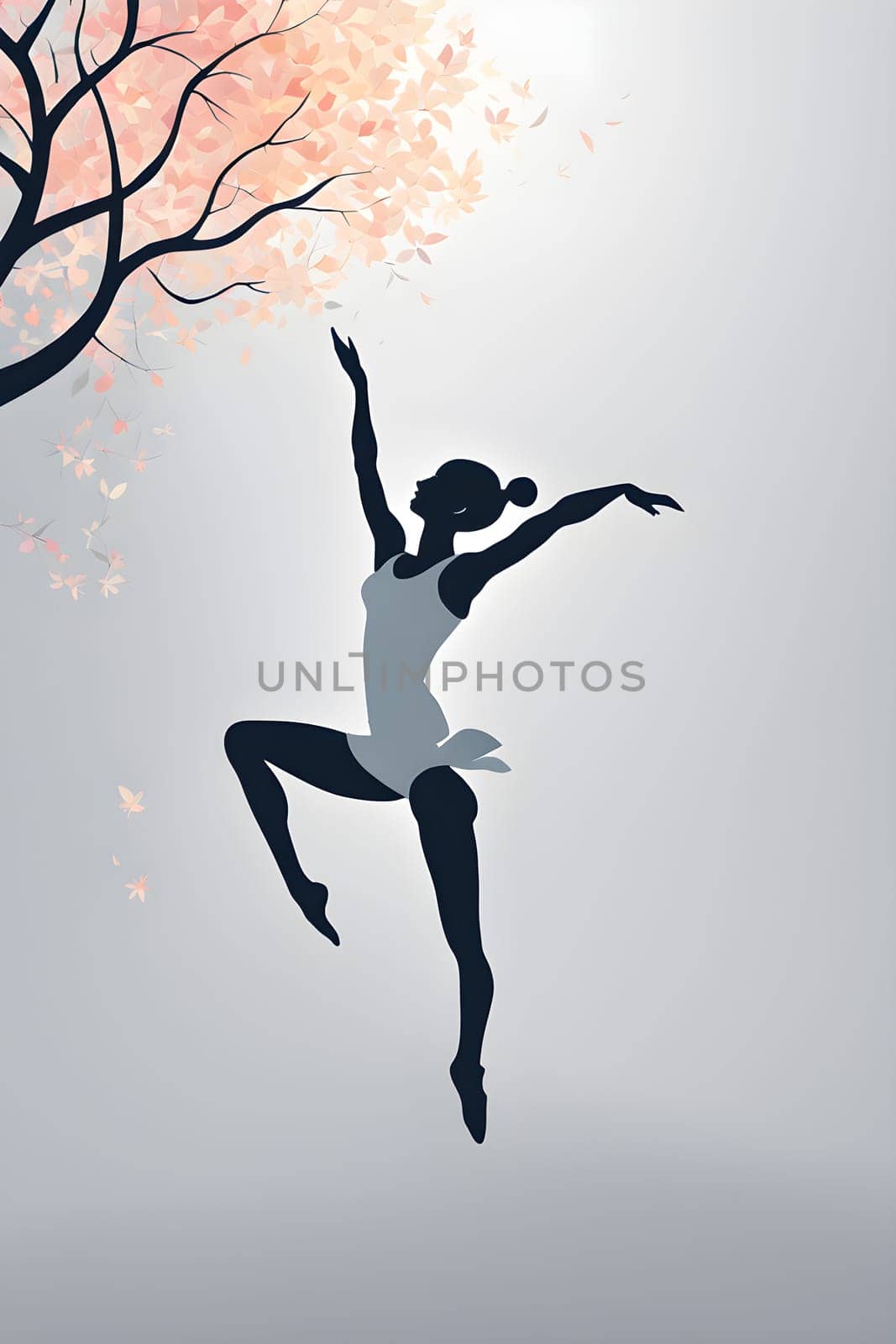 Abstract minimalist spring scene with a single, sharp silhouette of a rhythm gymnastic and of a blooming tree on a vast light grey canvas