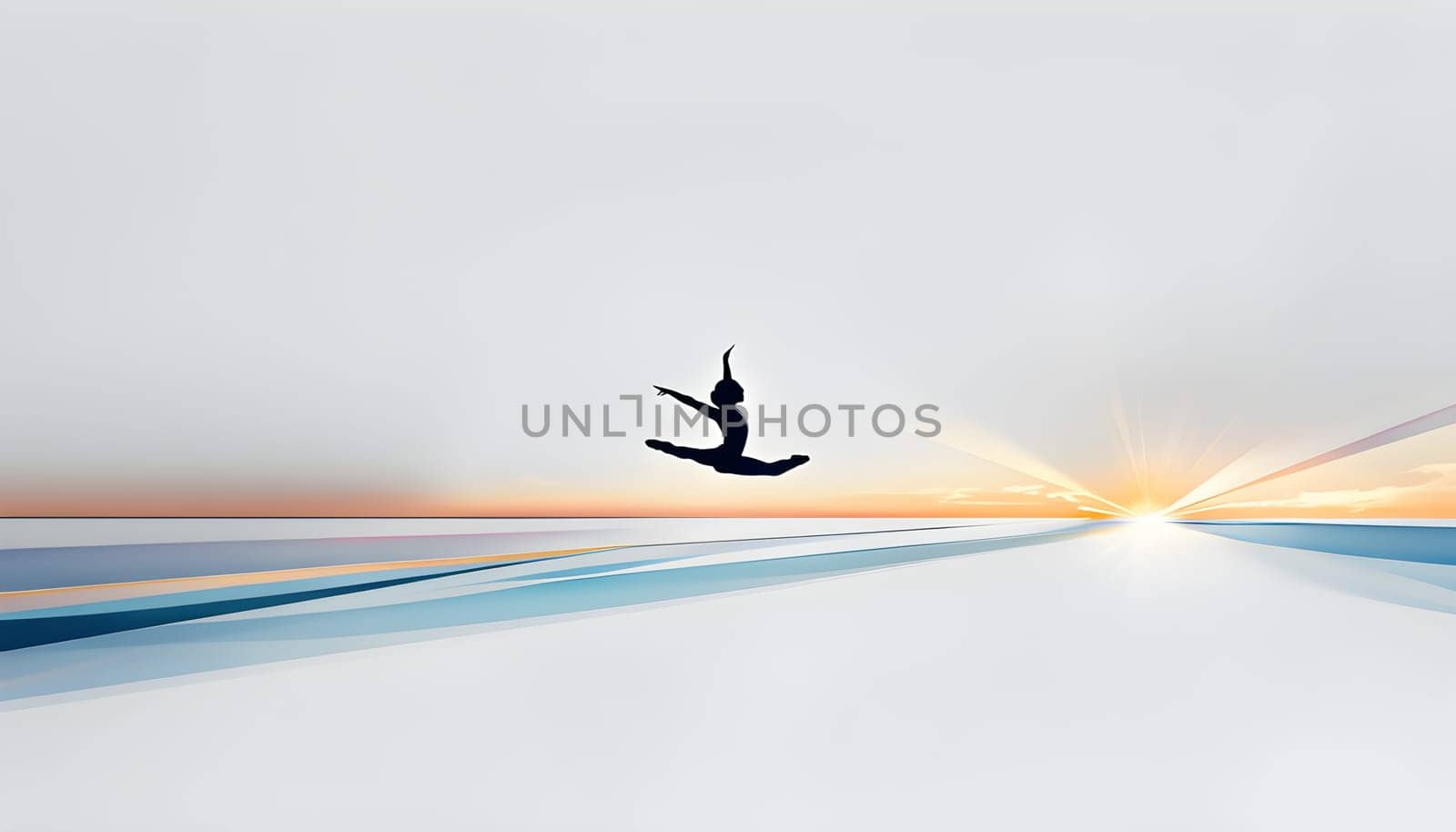 Abstract minimalist spring scene with a single, sharp silhouette of a rhythm gymnastic and of a blooming tree on a vast light grey canvas