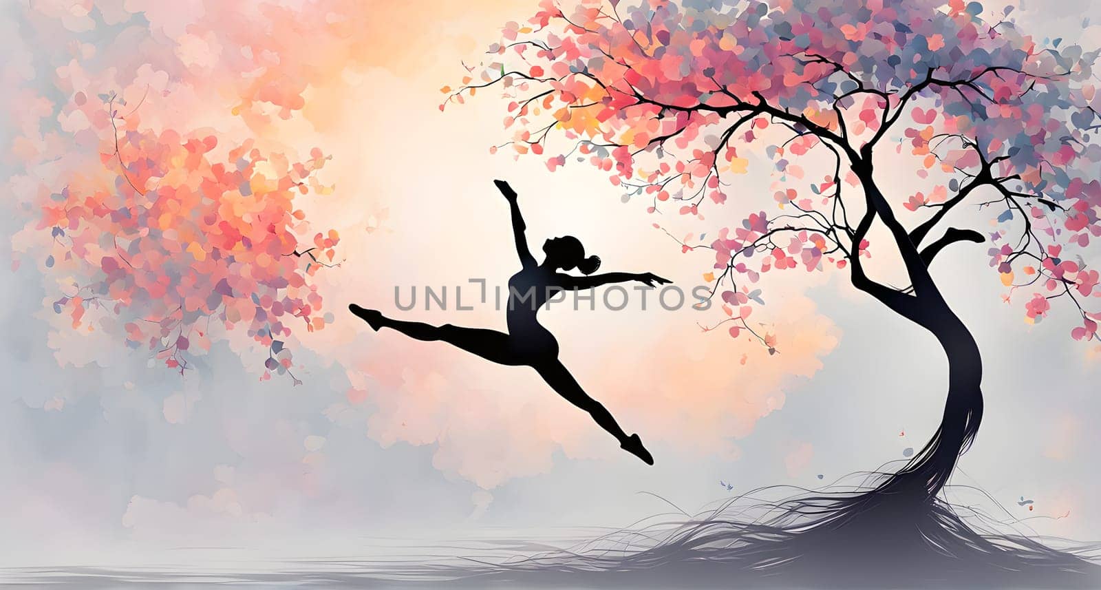 Abstract minimalist spring scene with a single, sharp silhouette of a rhythm gymnastic and of a blooming tree on a vast light grey canvas