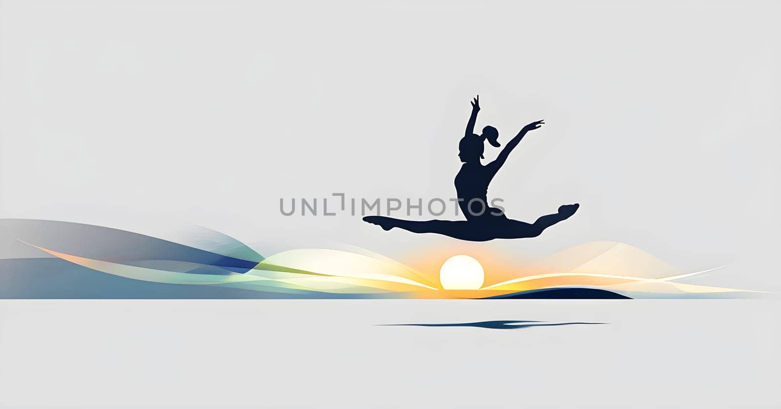 Abstract minimalist spring scene with a single, sharp silhouette of a rhythm gymnastic and of a blooming tree on a vast light grey canvas