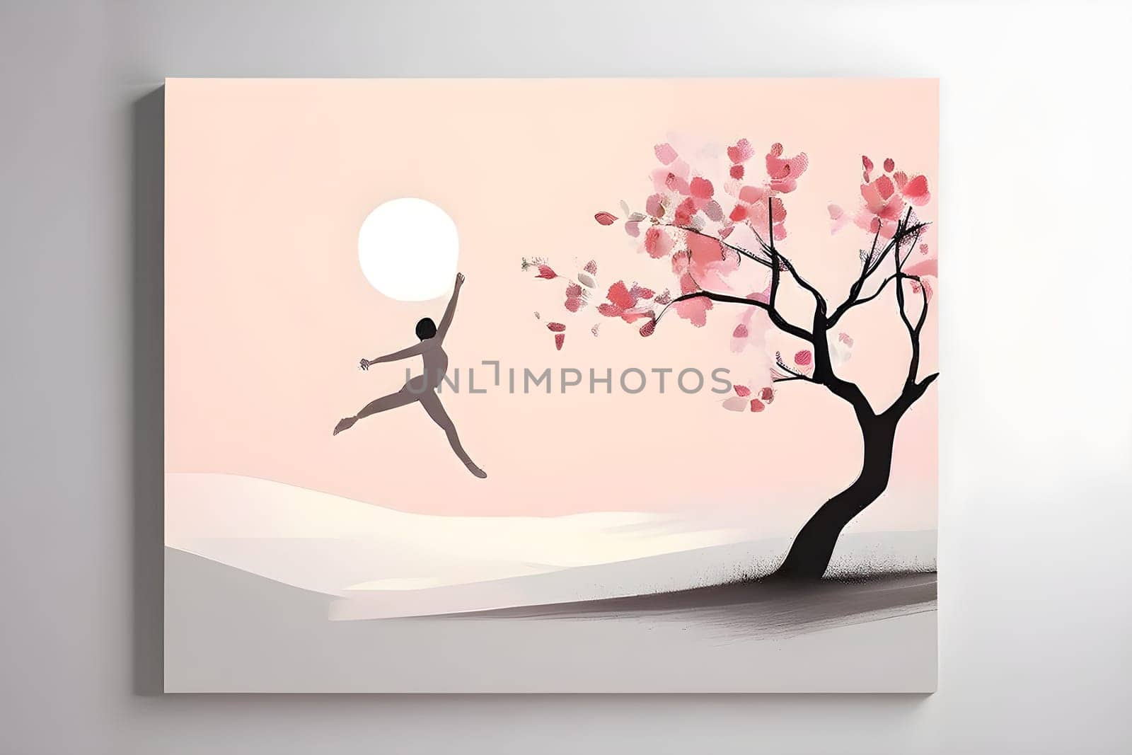 Abstract minimalist spring scene with a single, sharp silhouette of a rhythm gymnastic and of a blooming tree on a vast light grey canvas