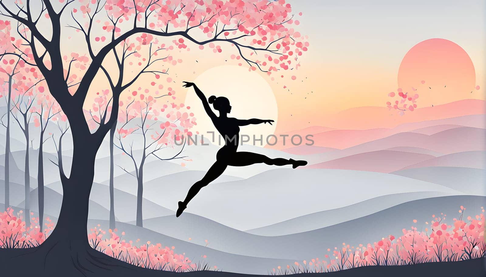 Abstract minimalist spring scene with a single, sharp silhouette of a rhythm gymnastic and of a blooming tree on a vast light grey canvas