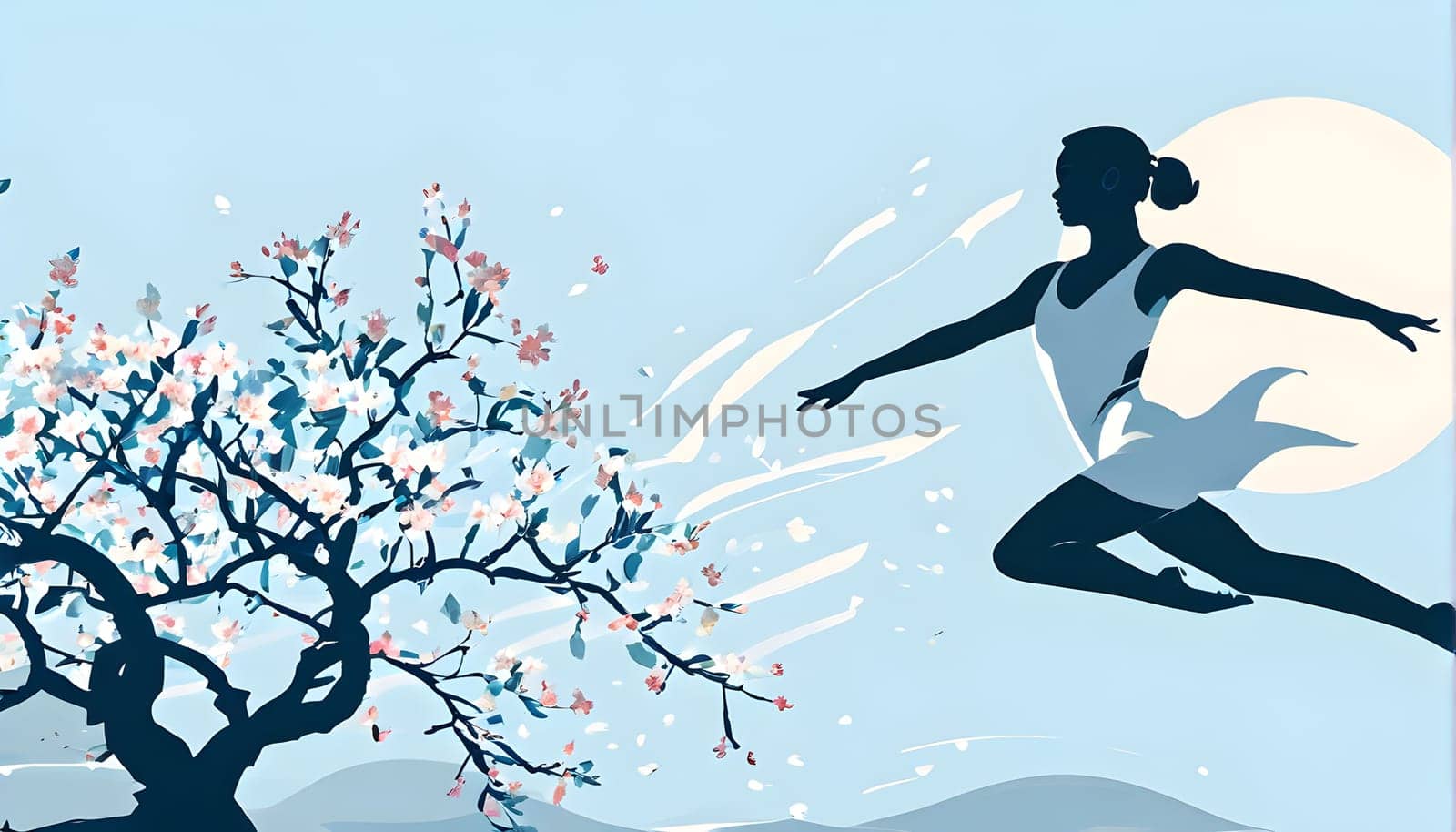 Abstract minimalist spring scene with a single, sharp silhouette of a rhythm gymnastic and of a blooming tree on a vast light grey canvas