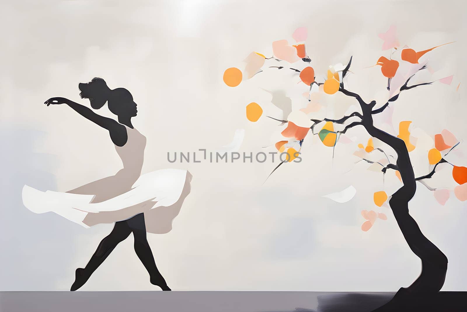 Abstract minimalist spring scene with a single, sharp silhouette of a rhythm gymnastic and of a blooming tree on a vast light grey canvas