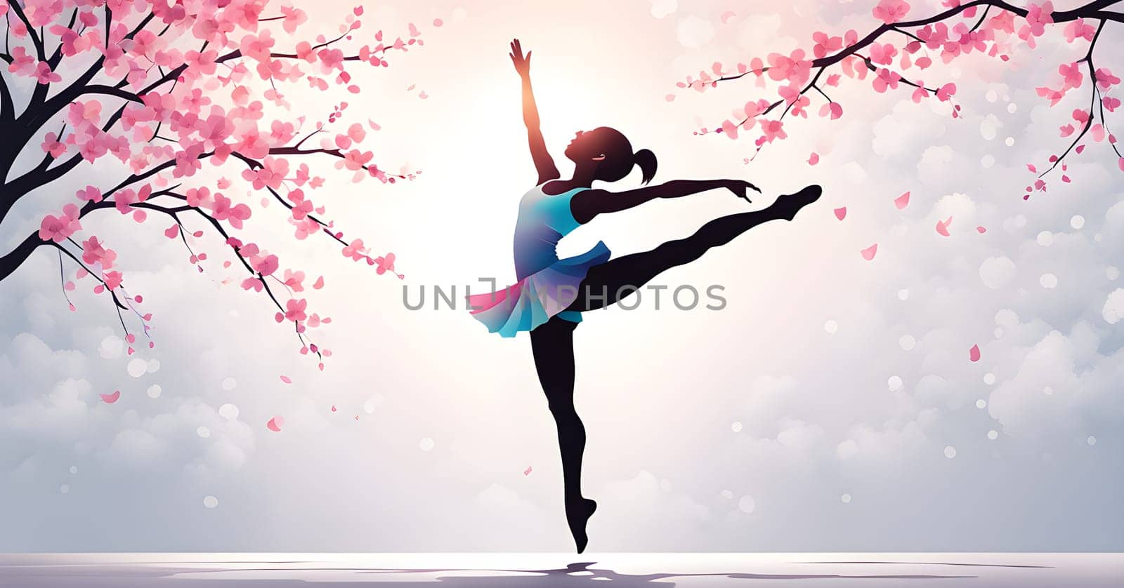 Abstract minimalist spring scene with a single, sharp silhouette of a rhythm gymnastic and of a blooming tree on a vast light grey canvas