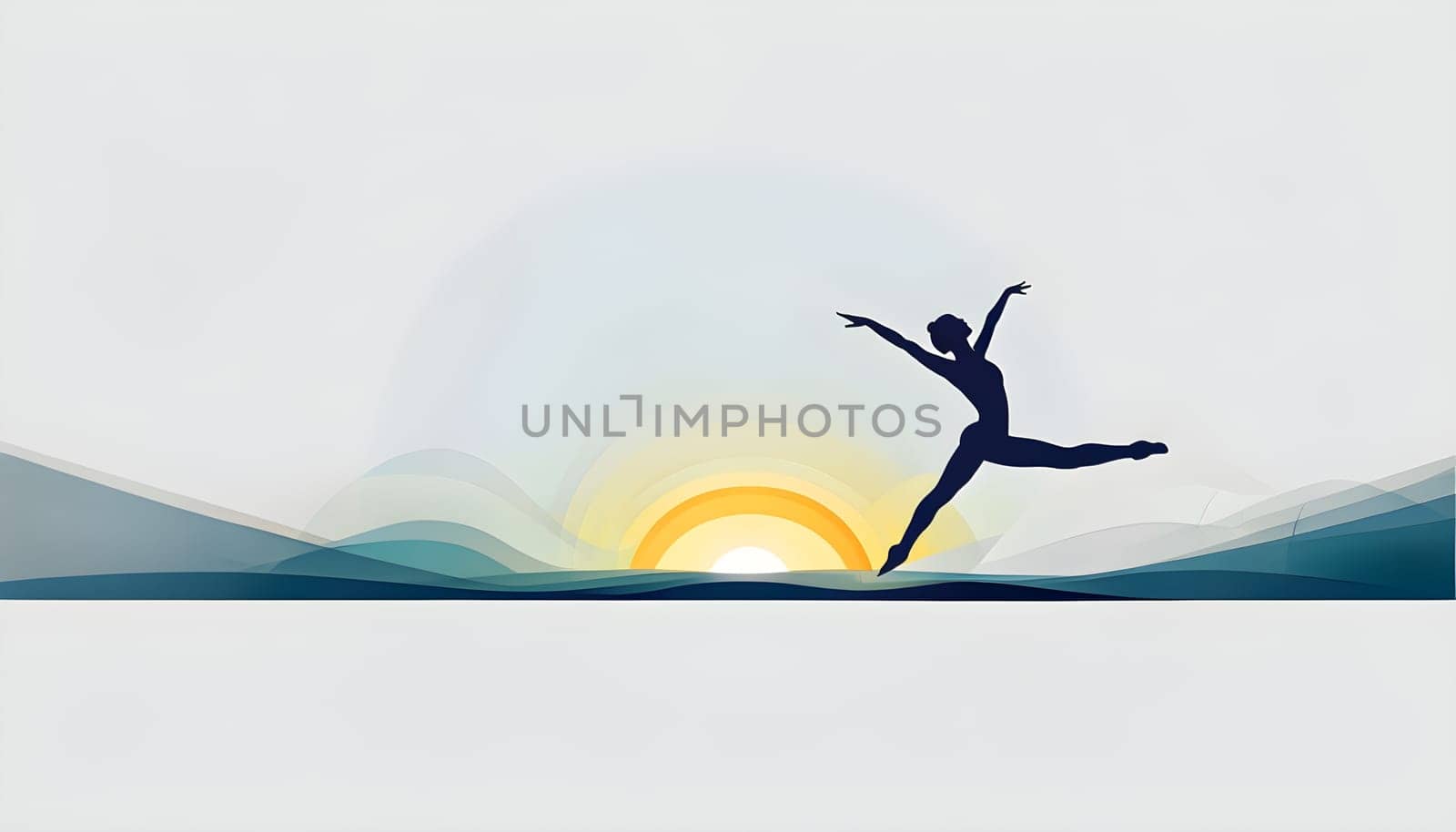 Abstract minimalist spring scene with a single, sharp silhouette of a rhythm gymnastic and of a blooming tree on a vast light grey canvas
