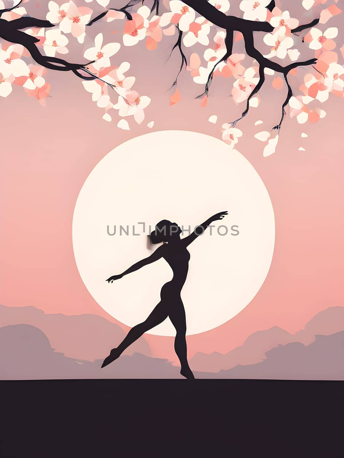 Abstract minimalist spring scene with a single, sharp silhouette of a rhythm gymnastic and of a blooming tree on a vast light grey canvas