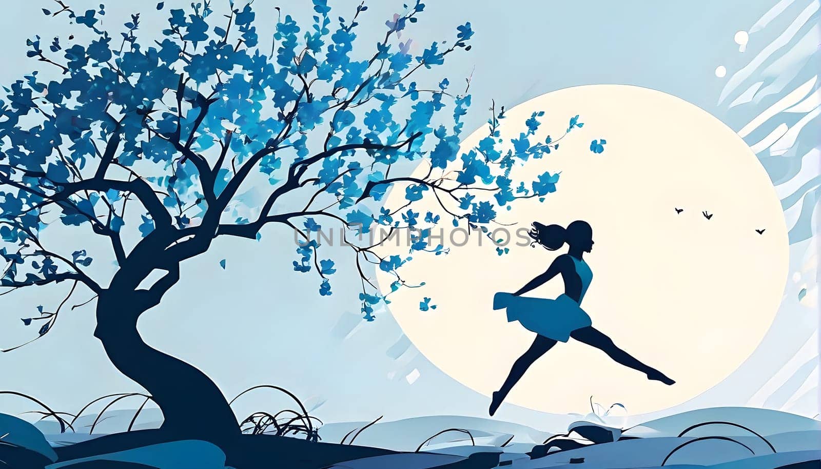 Abstract minimalist spring scene with a single, sharp silhouette of a rhythm gymnastic and of a blooming tree on a vast light grey canvas