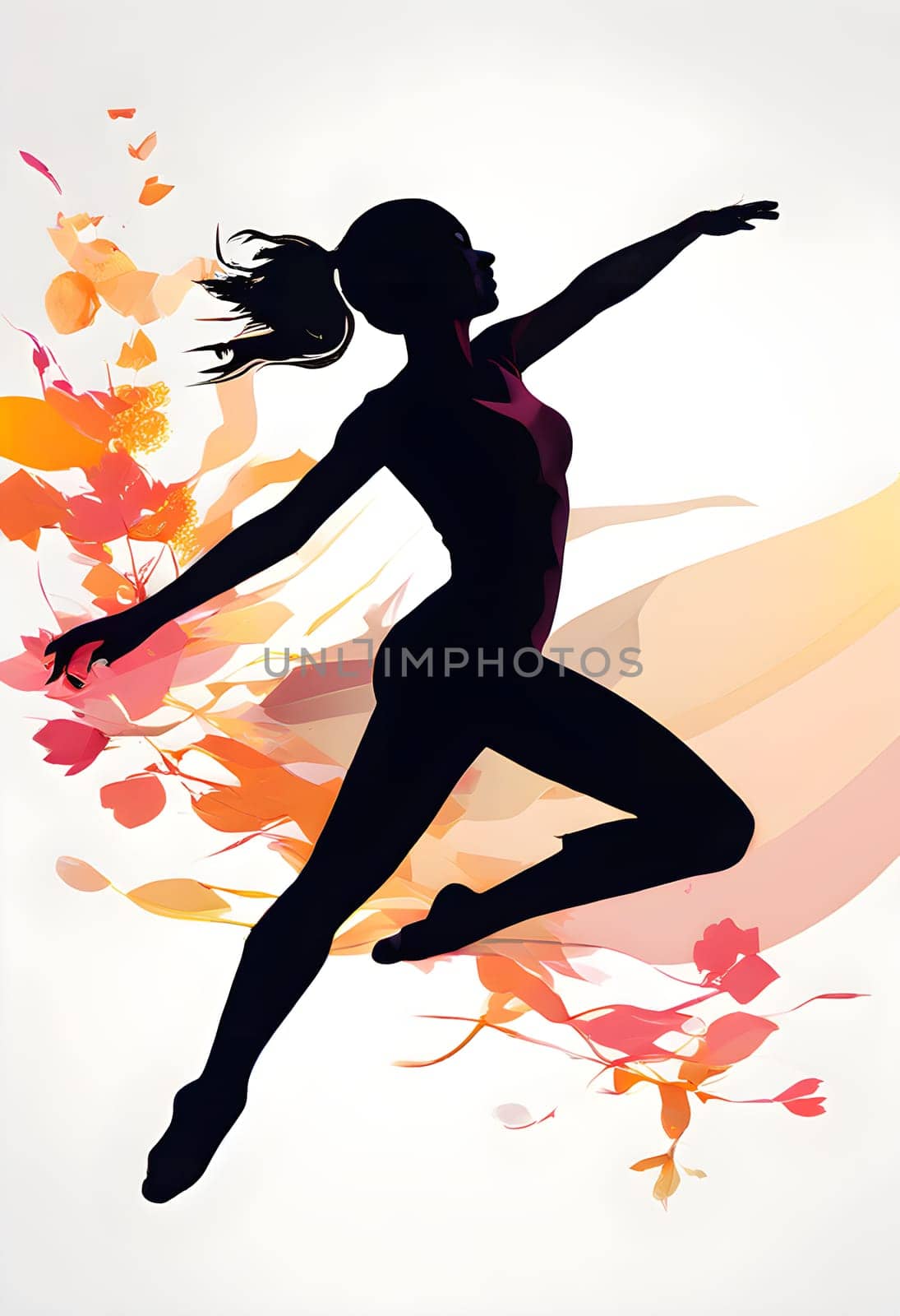 Abstract minimalist spring scene with a single, sharp silhouette of a rhythm gymnastic and of a blooming tree on a vast light grey canvas