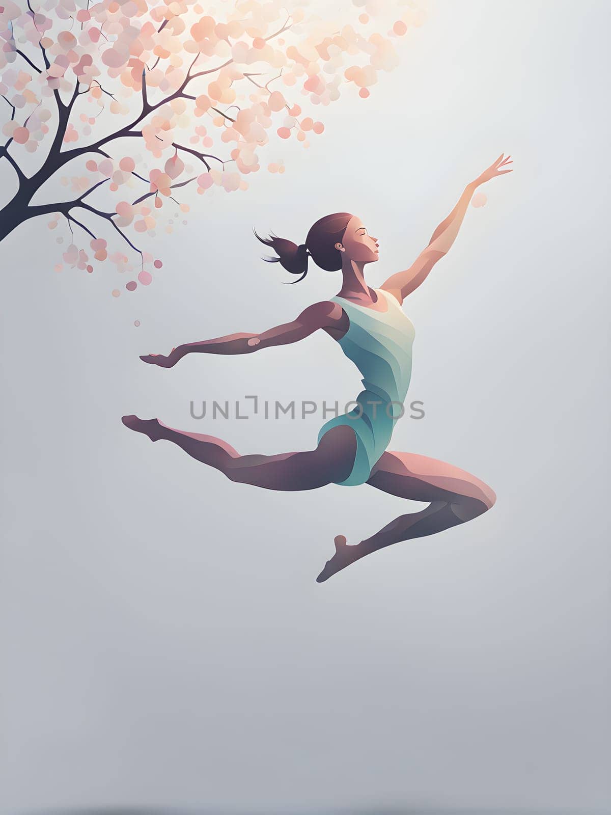 Abstract minimalist spring scene with a single, sharp silhouette of a rhythm gymnastic and of a blooming tree on a vast light grey canvas