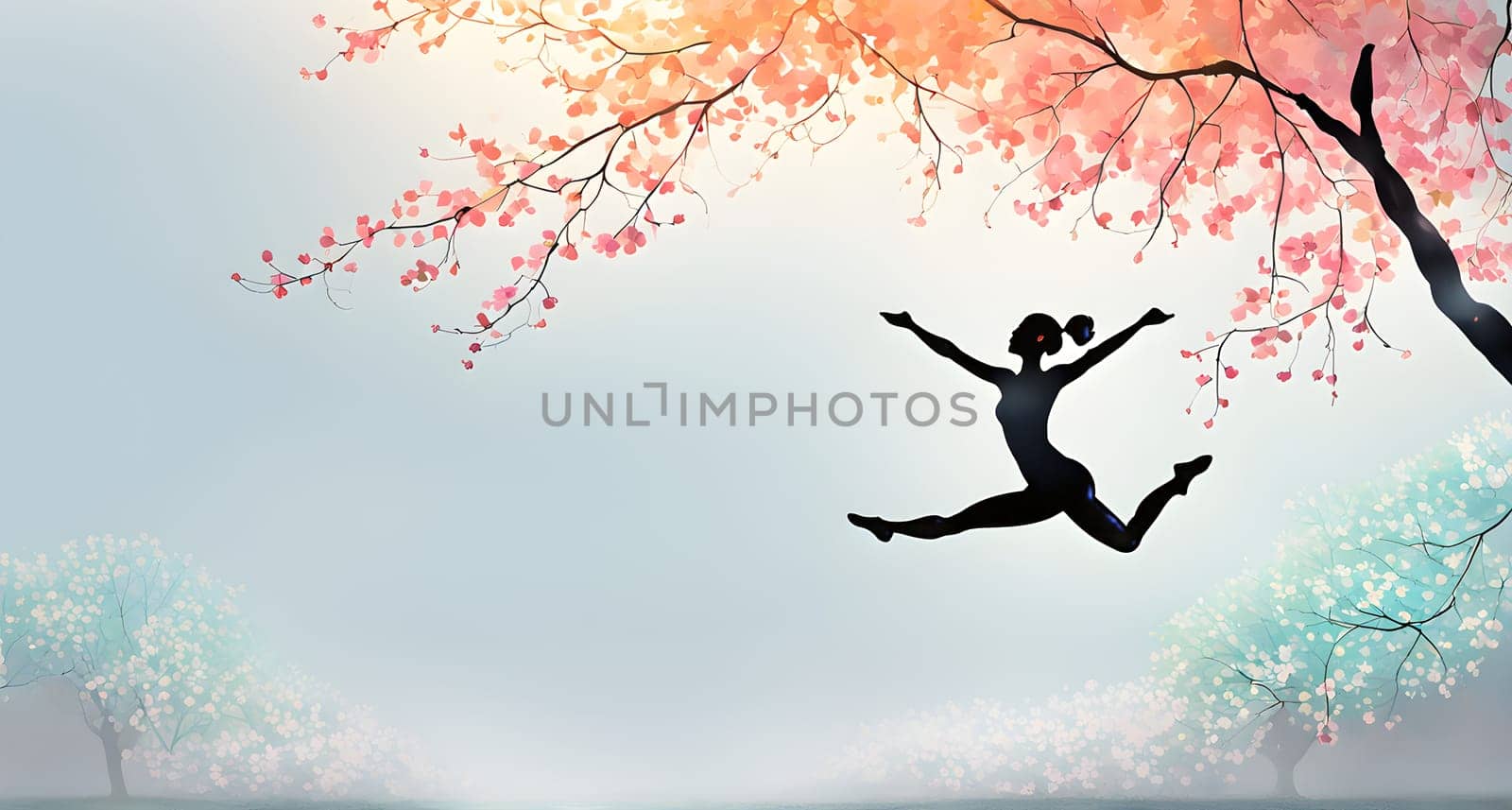 Abstract minimalist spring scene with a single, sharp silhouette of a rhythm gymnastic and of a blooming tree on a vast light grey canvas