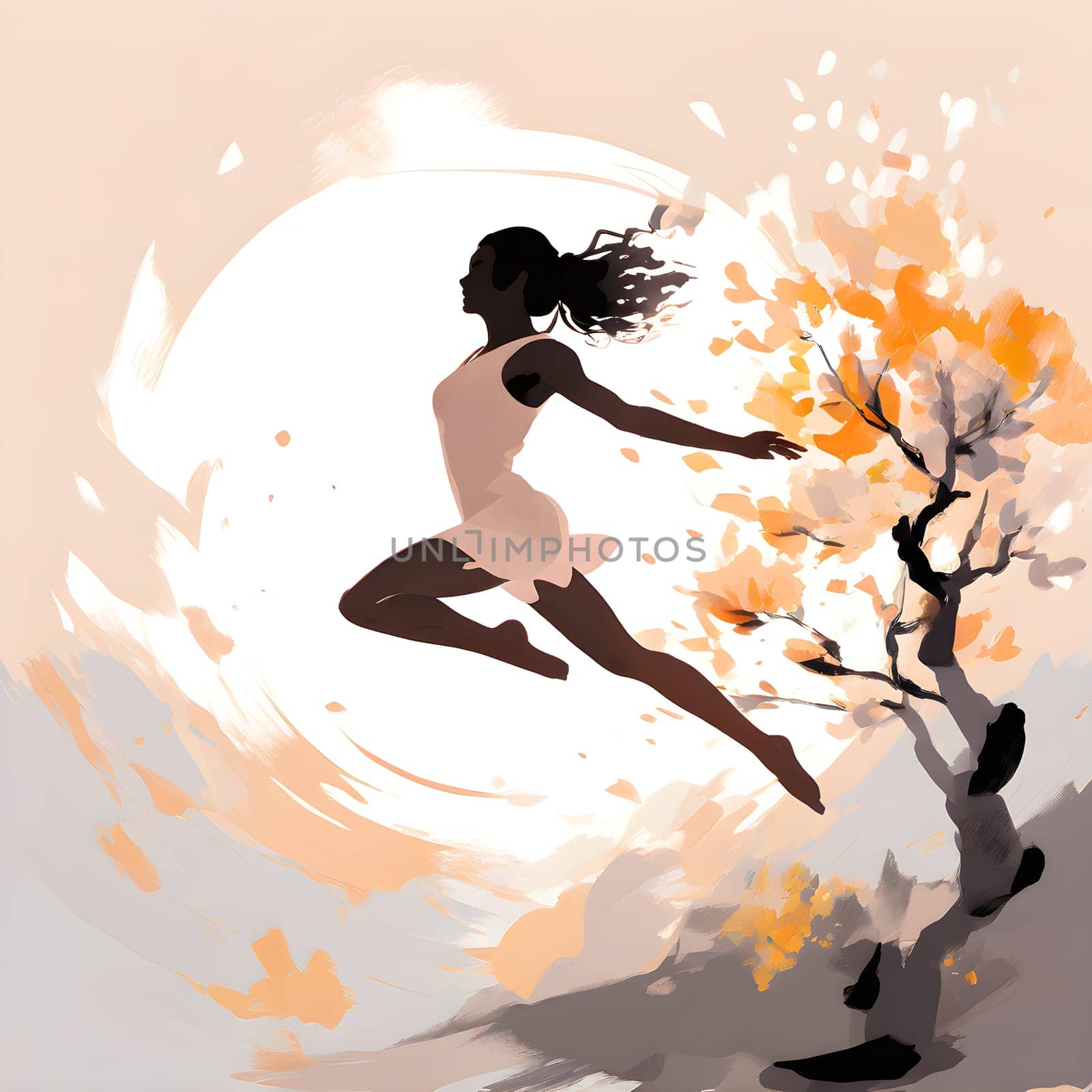 Abstract minimalist spring scene with a single, sharp silhouette of a rhythm gymnastic and of a blooming tree on a vast light grey canvas