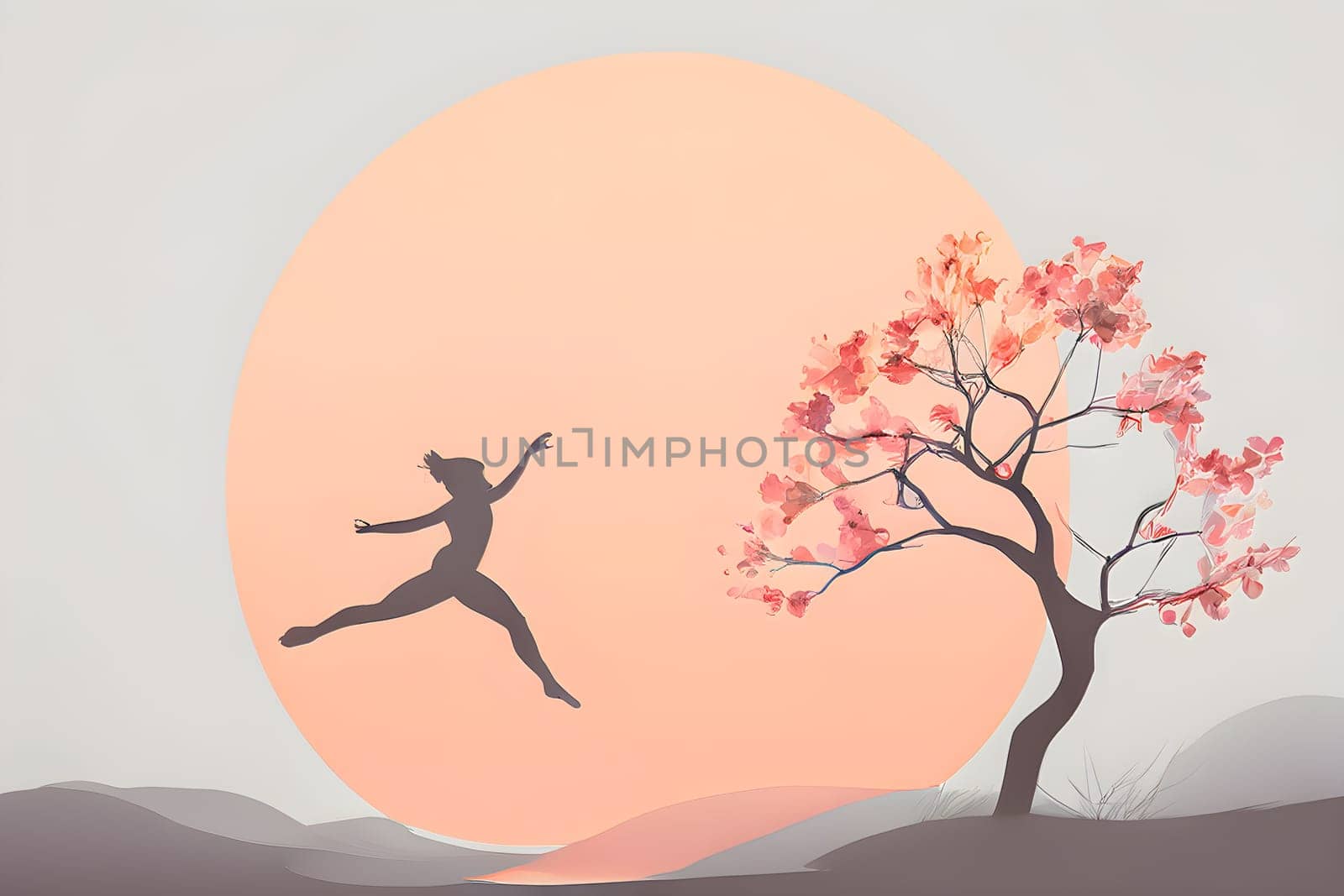 Abstract minimalist spring scene with a single, sharp silhouette of a rhythm gymnastic and of a blooming tree on a vast light grey canvas