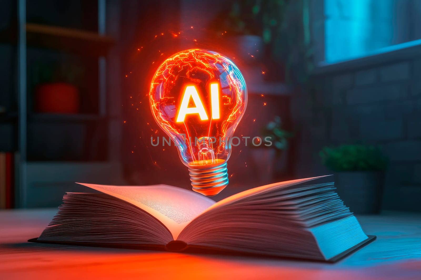 Artificial Intelligence technology, machine learning. An open book and a light bulb with virtual AI symbol. Science and artificial intelligence technology. AI generated