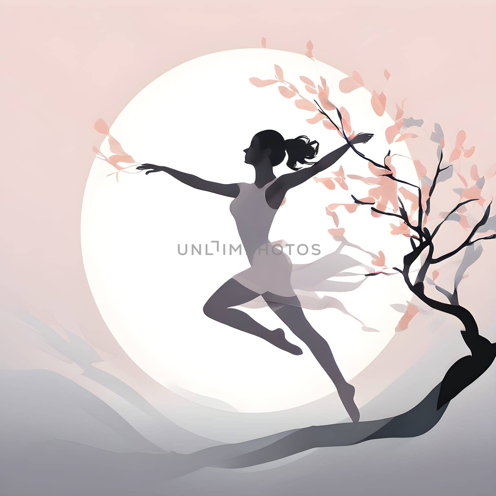 Abstract minimalist spring scene with a single, sharp silhouette of a rhythm gymnastic and of a blooming tree on a vast light grey canvas