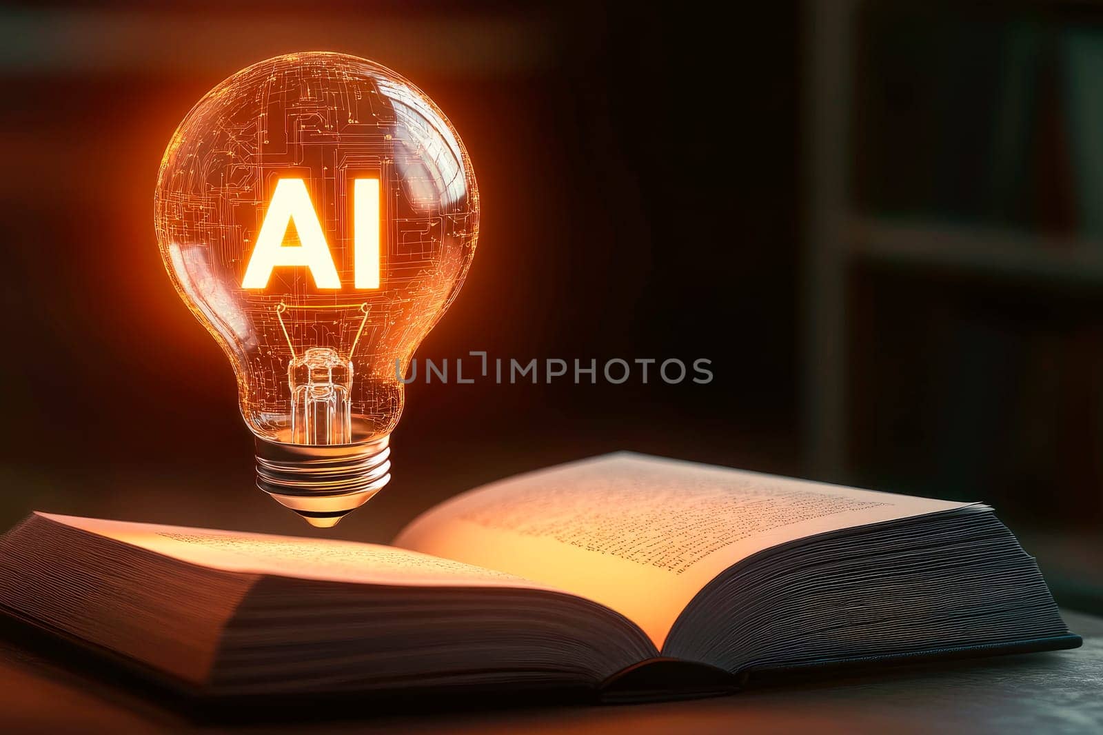 Artificial Intelligence technology, machine learning. An open book and a light bulb with virtual AI symbol. Science and artificial intelligence technology. AI generated