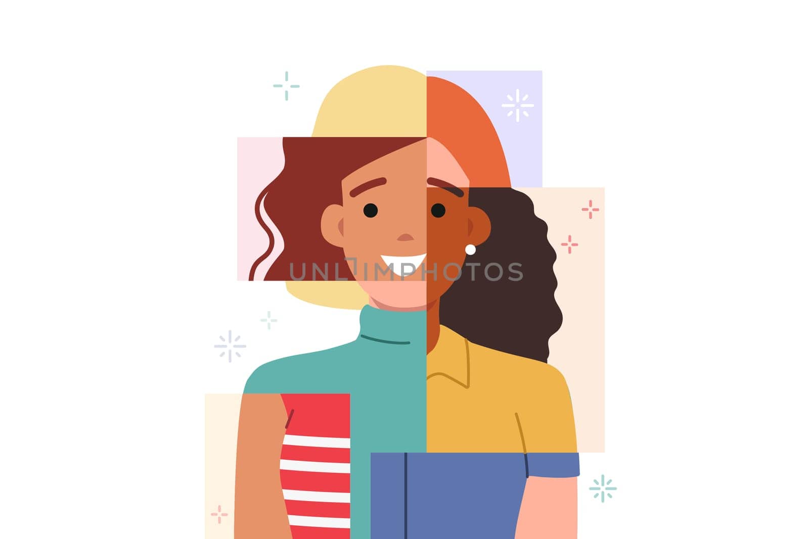 Multiracial woman made up of photographs of girls from different cultures and nationalities. Portrait of multiracial lady symbolizing unity of various races and freedom from discrimination