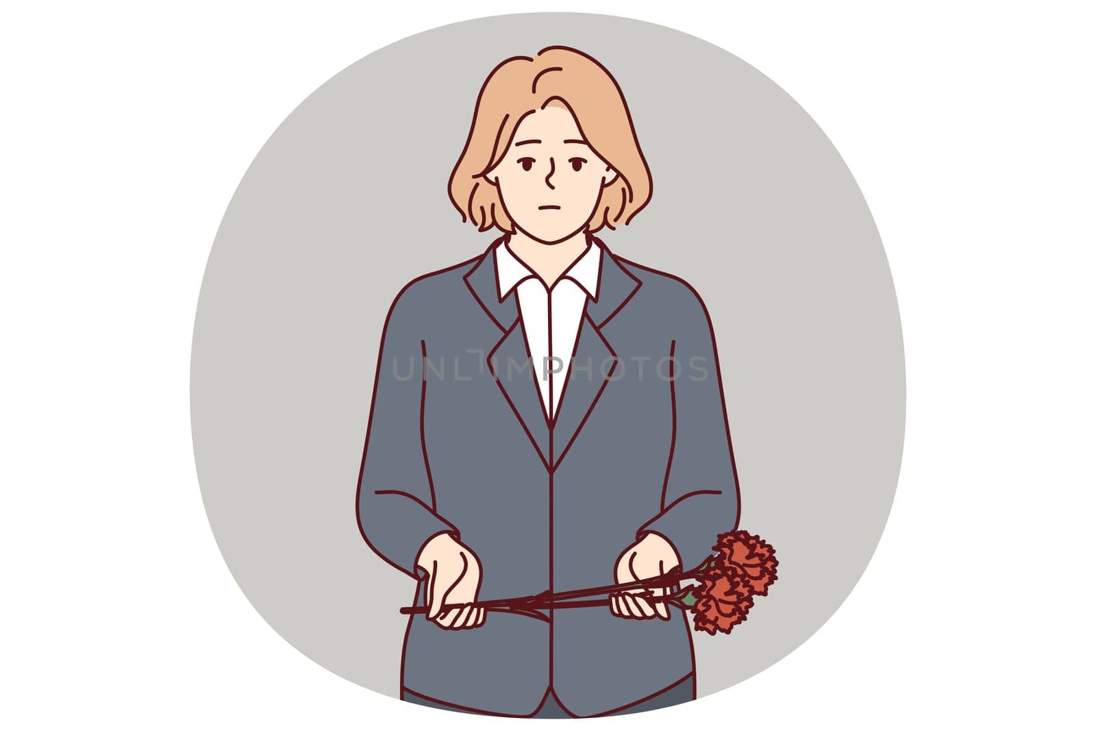 Sad woman with carnations for funeral ceremony expresses condolences after death of friend or colleague. Girl came to funeral ceremony with flowers to see deceased on last journey