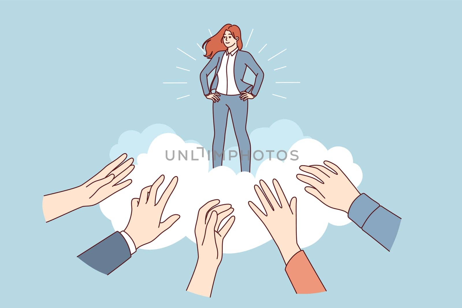 Business woman idol for fans stands among clouds and hands of people who want to receive advice from guru. Successful businesswoman is treated like idol due to professionalism and unique skills