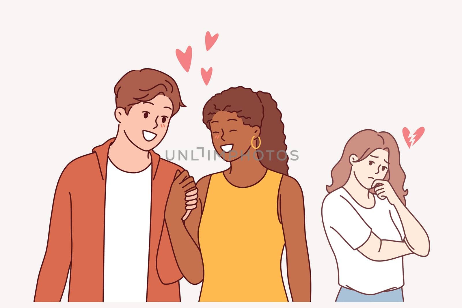 Love triangle between man walking with girlfriend and jealous, envious girl in need of psychologist. Woman sad and due to emergence competition in love triangle, we will destroy family relationships