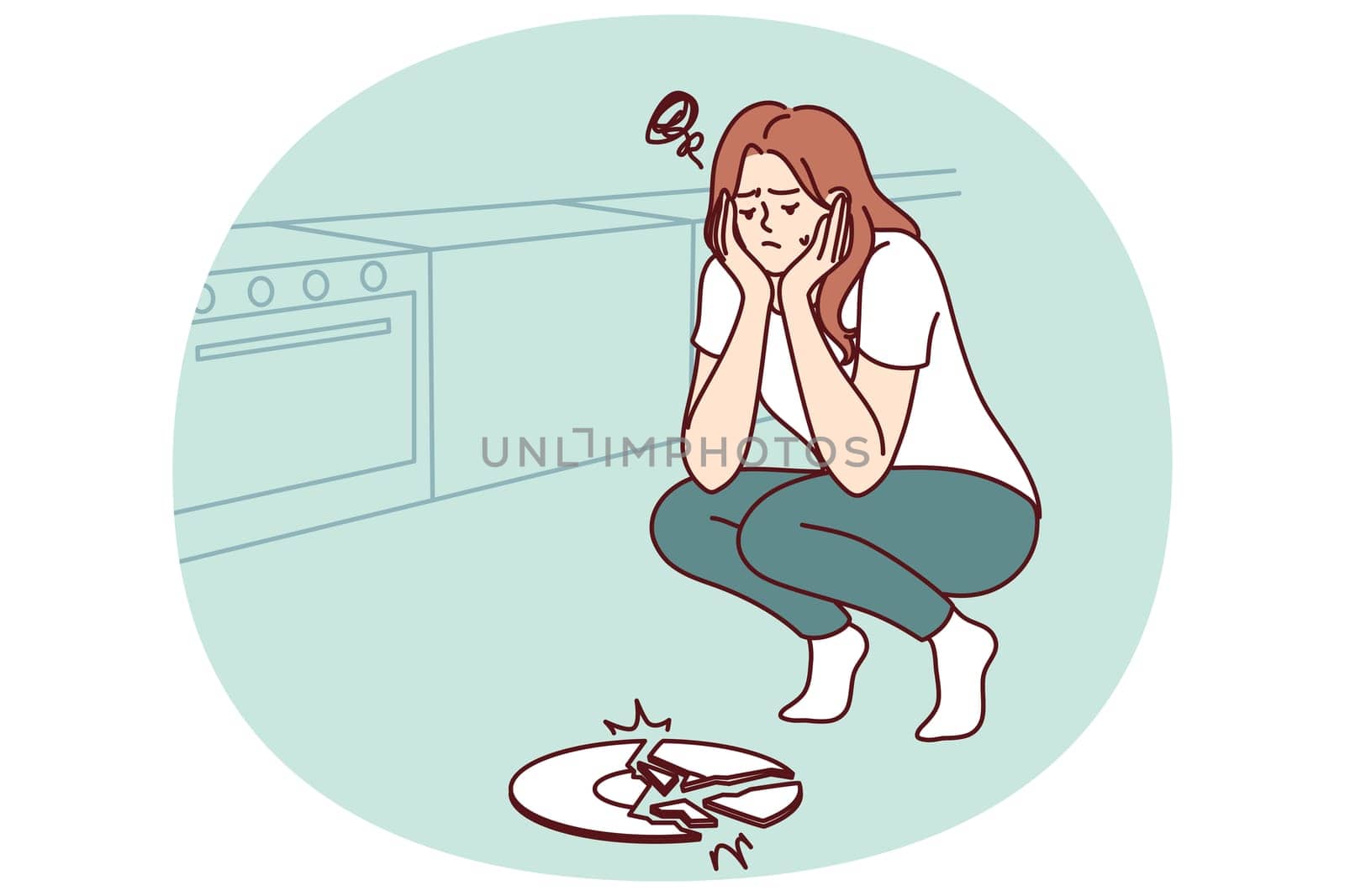 Sad woman broke plate in kitchen and is sad because of favorite saucer given by friends. Frustrated housewife girl dropped ceramic plate while cooking dinner and needs to buy new dishes