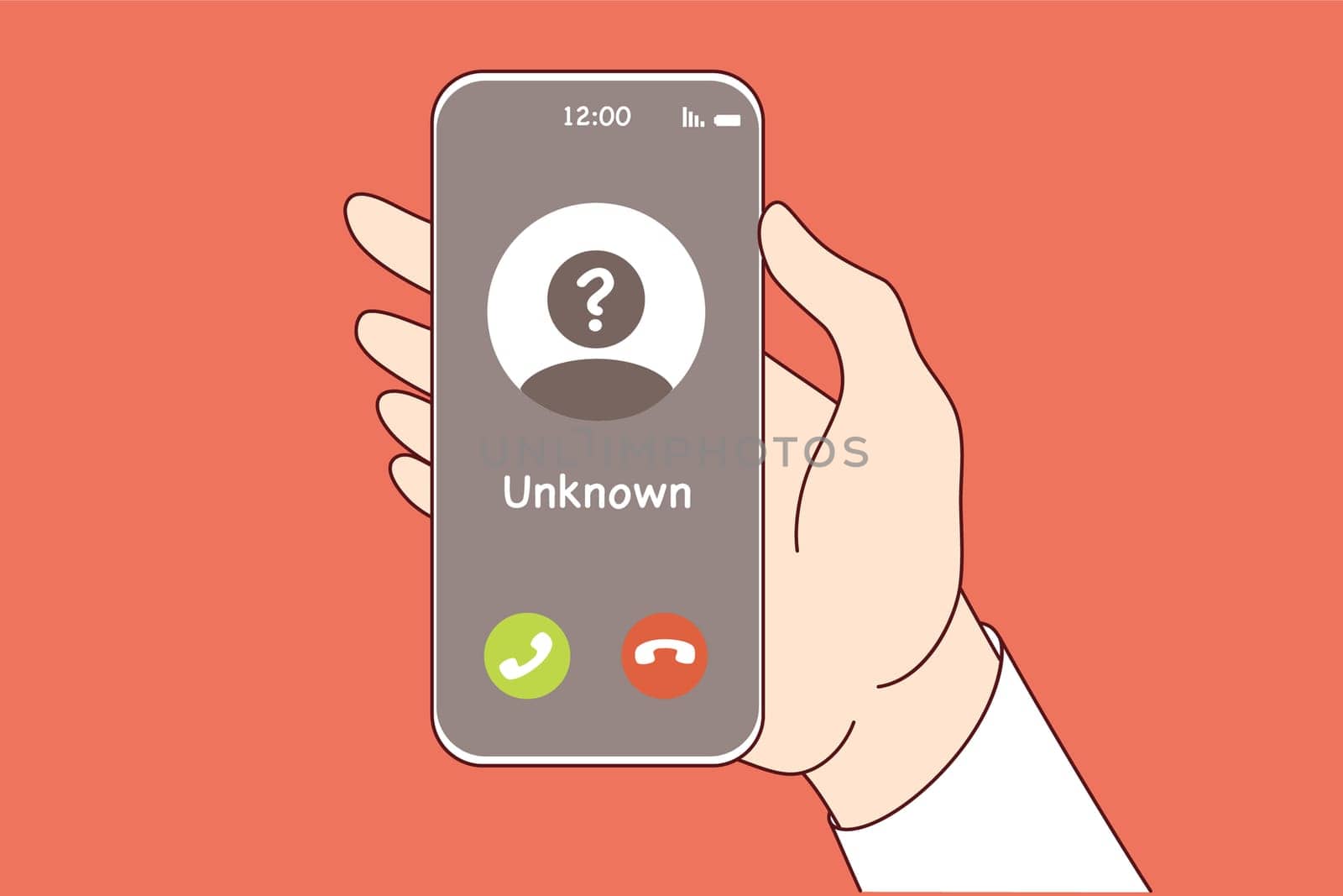 Call from unknown caller on phone screen in person hand, for spam or unsolicited advertising concept. Call from unknown scammer who wants to help with money or deceive victim through smartphone
