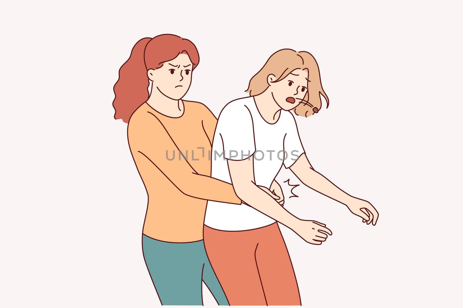 Heimlich technique is demonstrated by woman saving friend who was choking and pressing on stomach to restore breathing. Girl provides first aid and uses heimlich technique to avoid harm to health.