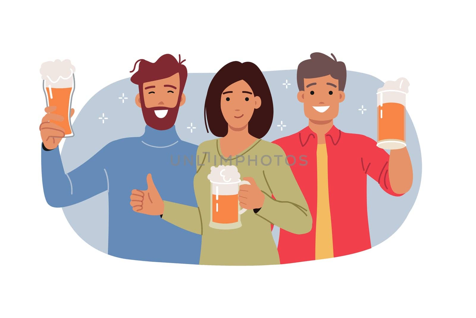 Beer party for positive people holding glasses of foamy ale purchased at bar or nightclub. Cheerful friends showing thumbs up, rejoicing at opportunity to meet and relax in beer restaurant