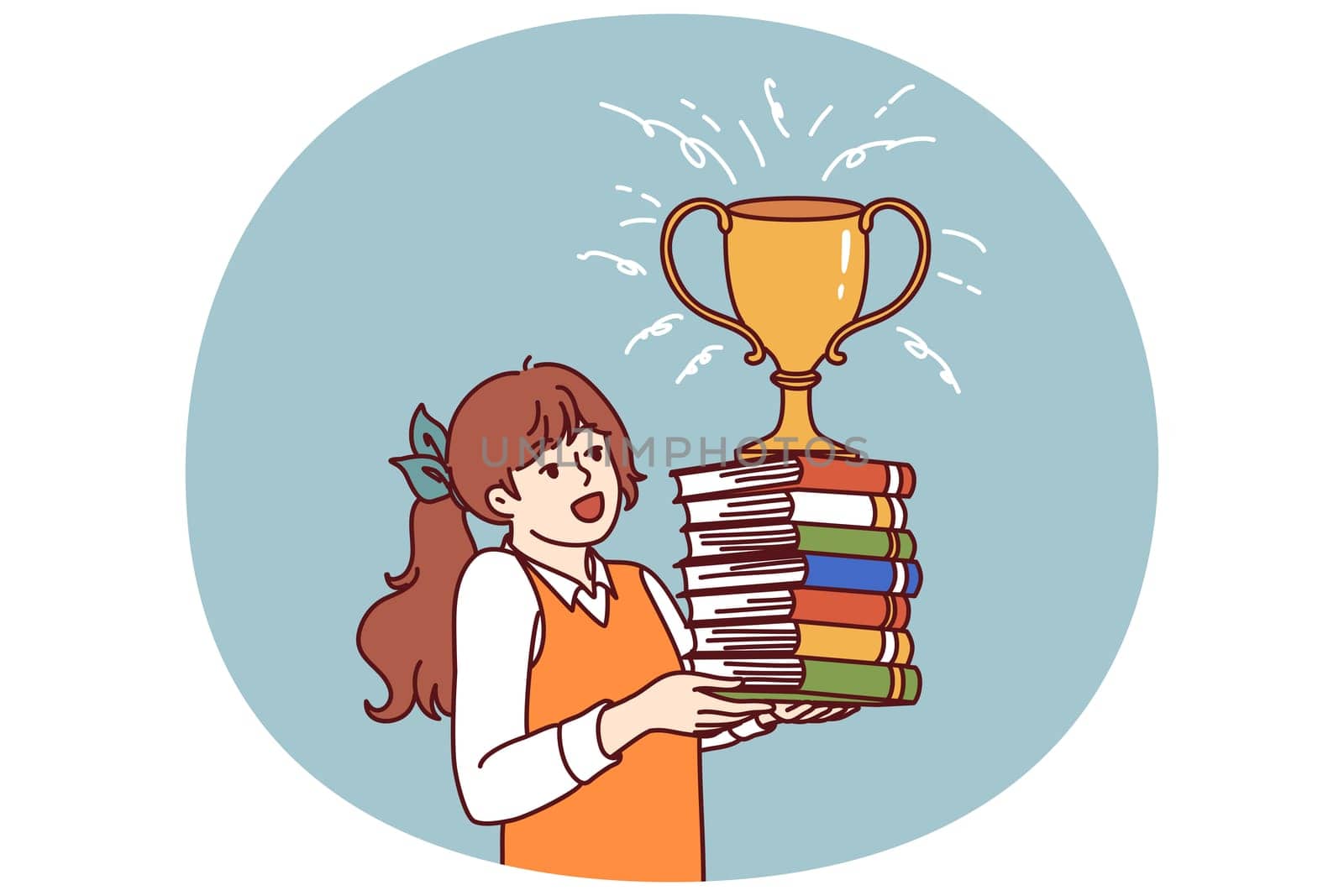 Schoolgirl with books and cup for winning olympiad rejoices at good marks for test. Child prodigy girl with golden cup of winner of olympiad enjoys prize of best elementary school student