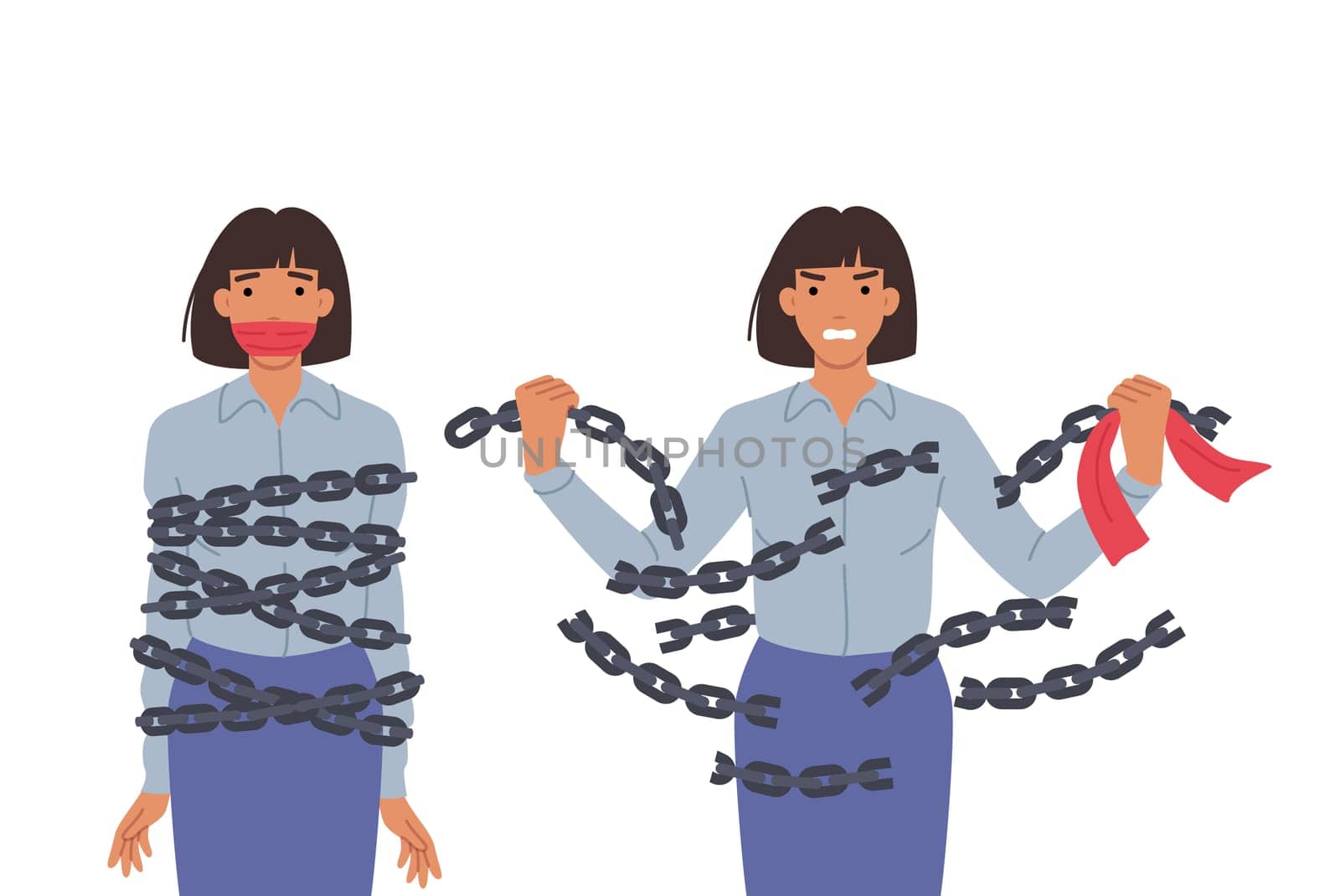 Emancipation woman breaking chains to free herself from oppression and discriminatory attitudes. Emancipation of girl who fell into slavery due to social injustice or family violence
