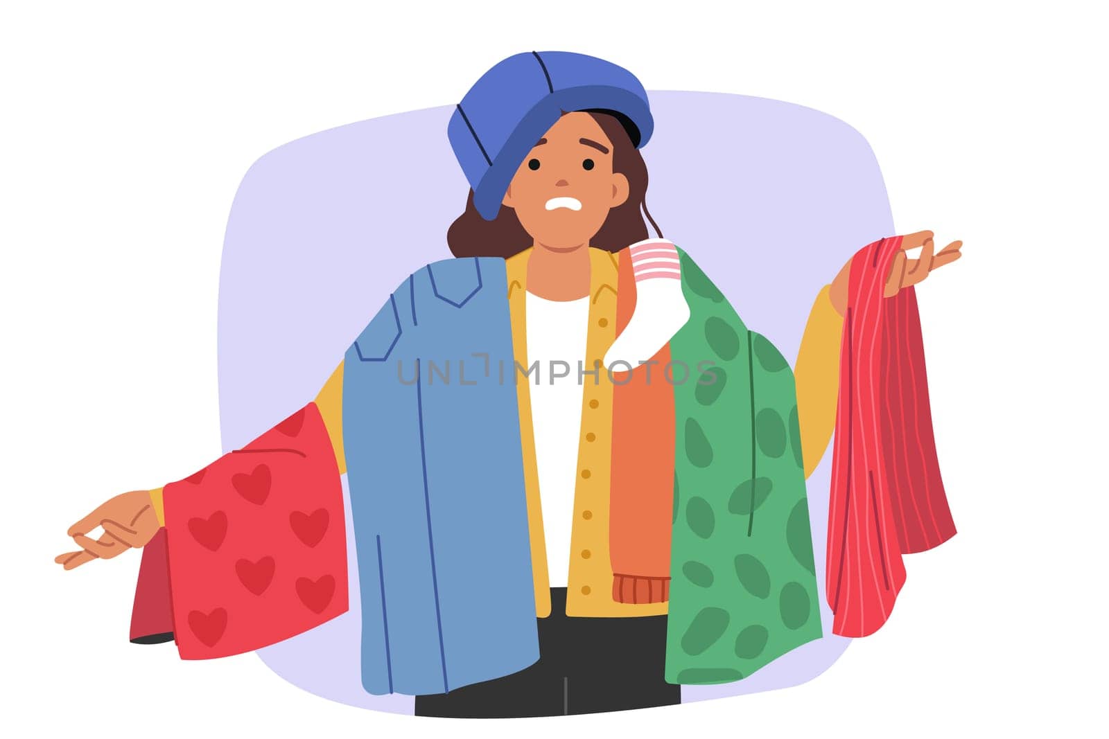 Shopaholic woman keeps lot of clothes, feeling embarrassed due to lack of skills in choosing outfit. Shopaholic girl bought lot of unnecessary pants and t-shirts because of consumer disease