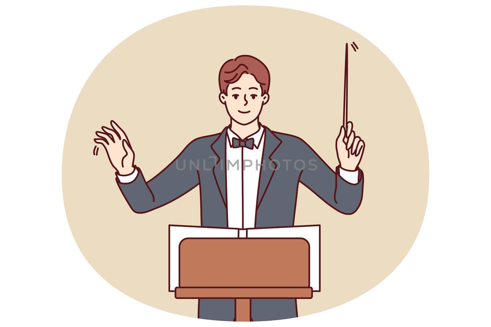 Man conductor participates in acoustic concert and helps orchestra perform classical symphony for audience of performance. Conductor in formal suit and bow tie coordinates musicians from opera house