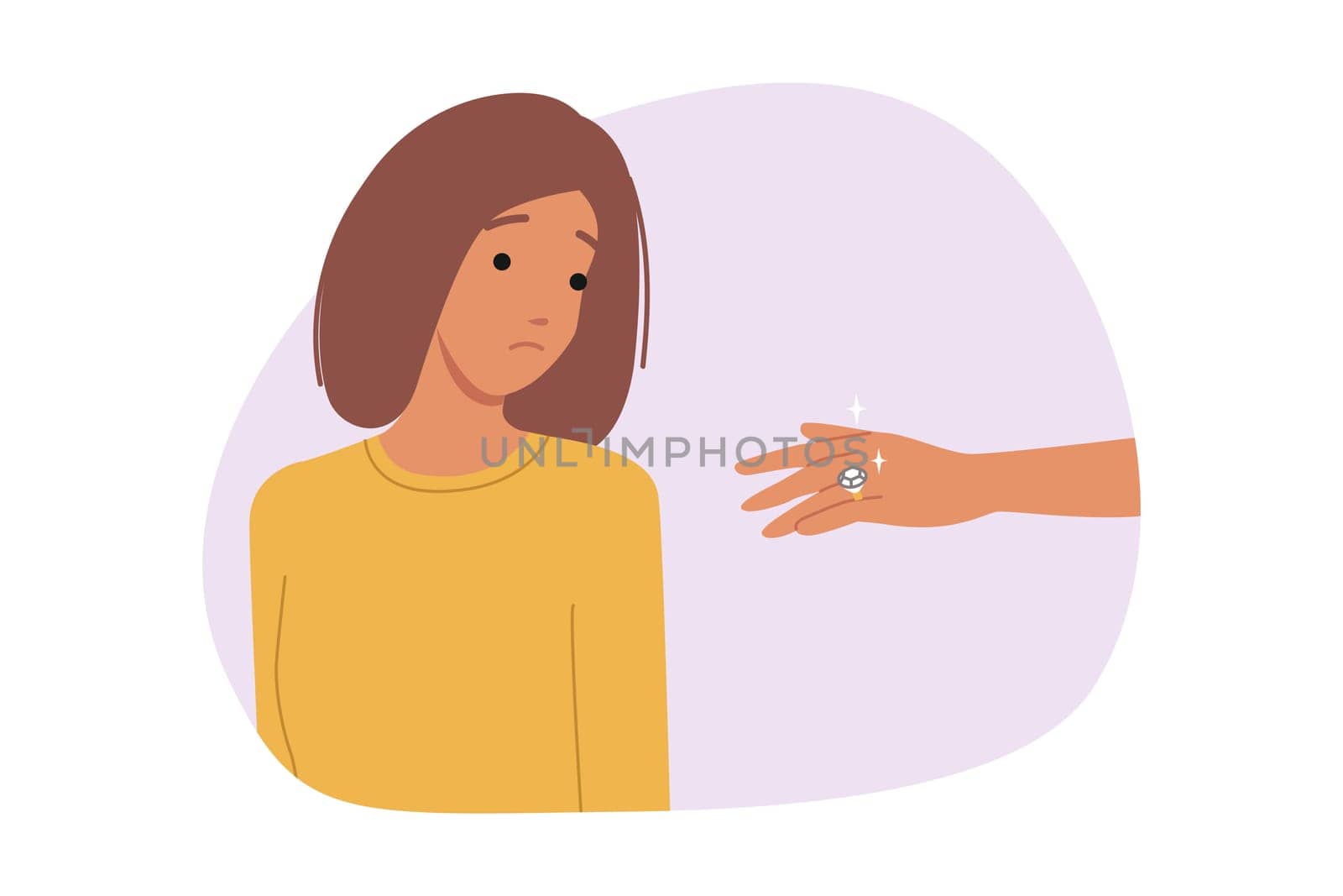 Woman is jealous of friend because of diamond ring given by groom for engagement. Girl is jealous seeing precious piece of jewelry from jewelry store, symbolizing wealth and luxury.
