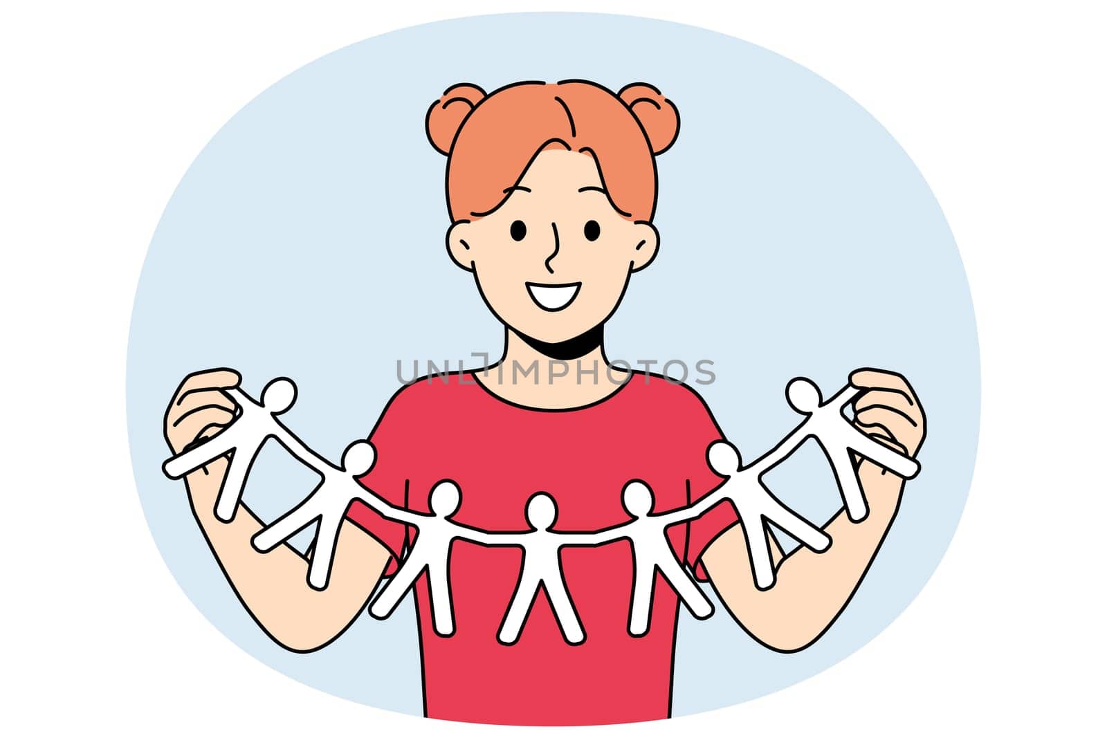 Little girl calls for solidarity and collaboration, showing paper people holding hands. Schoolgirl looks at screen with smile calling for solidarity and building alliances to fight discrimination