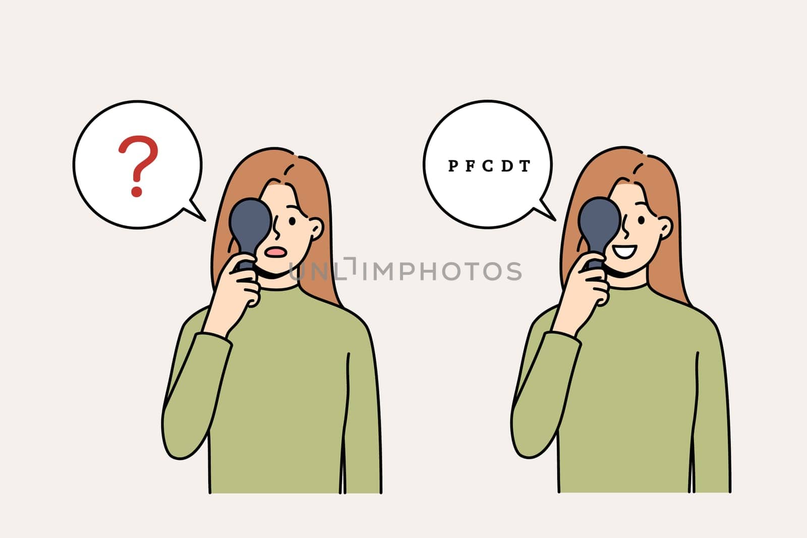 Woman does eye test by closing one eye and reading letters, compares result before and after using lenses. Girl improved vision thanks to visit to ophthalmologist or surgery on pupils