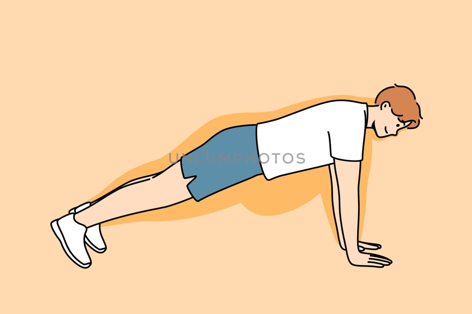 Man doing push-ups makes progress in losing weight, and feels disappearance of thanks to fitness and sports. Guy demonstrates correct execution of push-ups from floor to achieve result