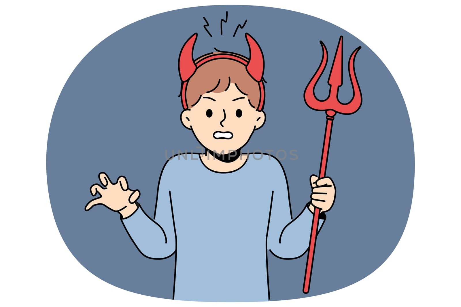 Little bully boy with devil horns makes evil grimace and terrorizes teachers at school or kindergarten. Schoolboy bully with trident angry at adults because of refusal to go for walk together