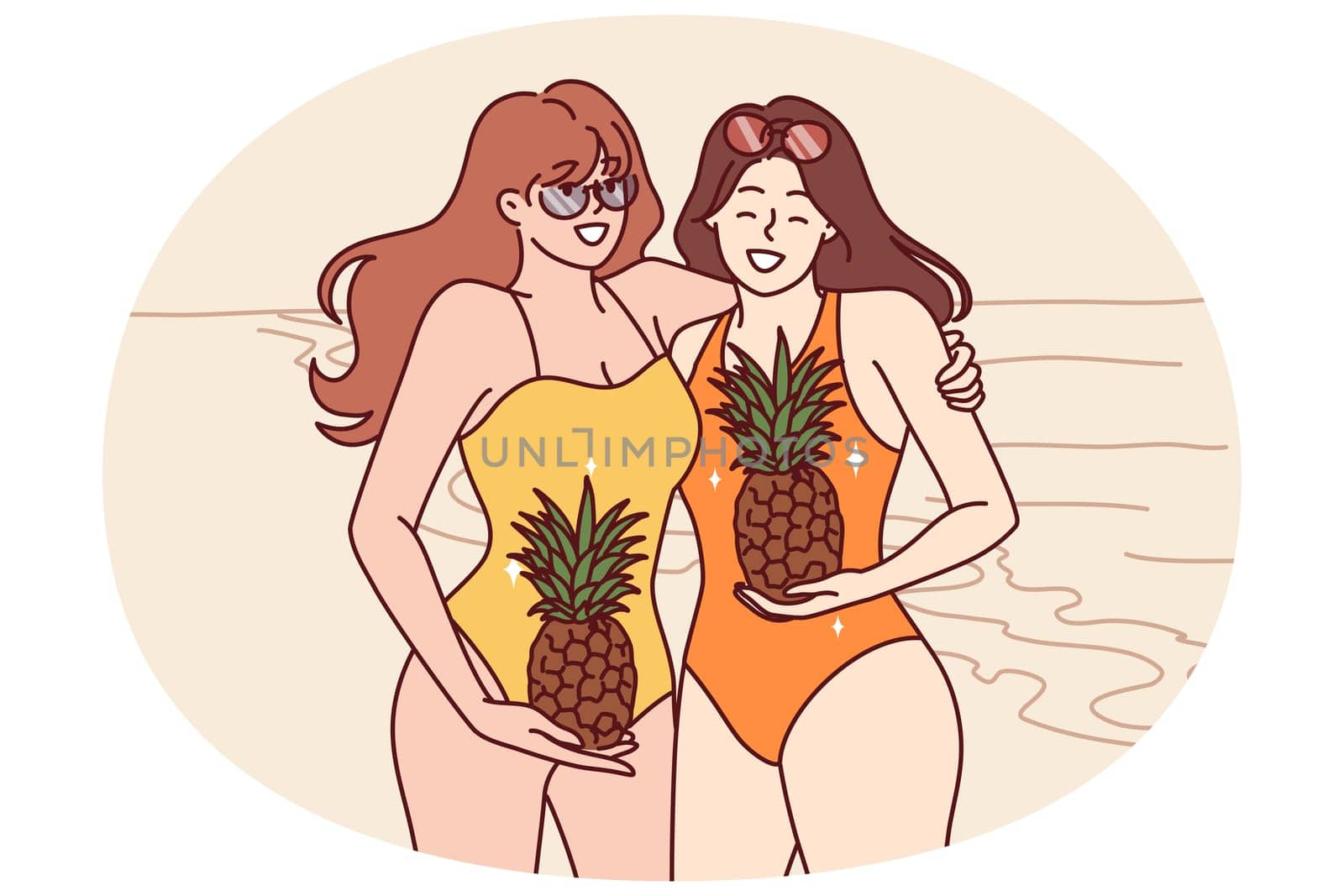 Two women in swimsuits stand on beach with pineapples in hands and smile inviting visit tropical island. Young happy girls in swimsuits spend holidays on sunny beach near sea or ocean