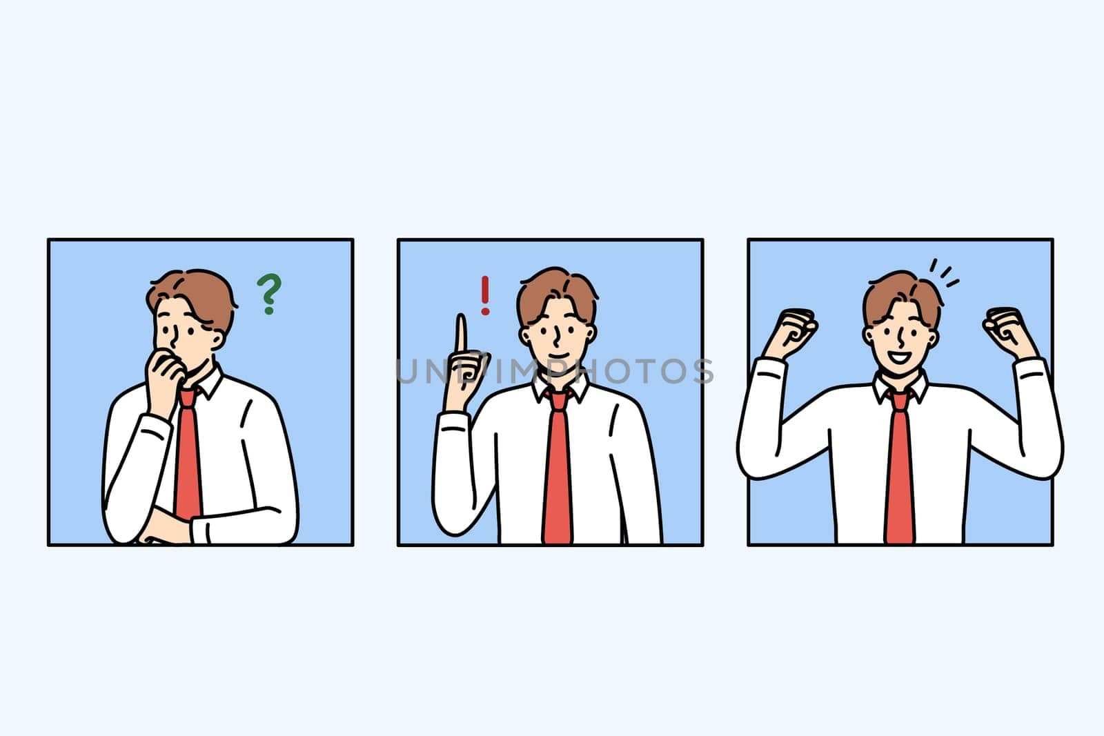 Business man thinks about question and rejoices after finding solution or having good idea. Successful guy in office employee thinks about professional problem and then waves hands positively