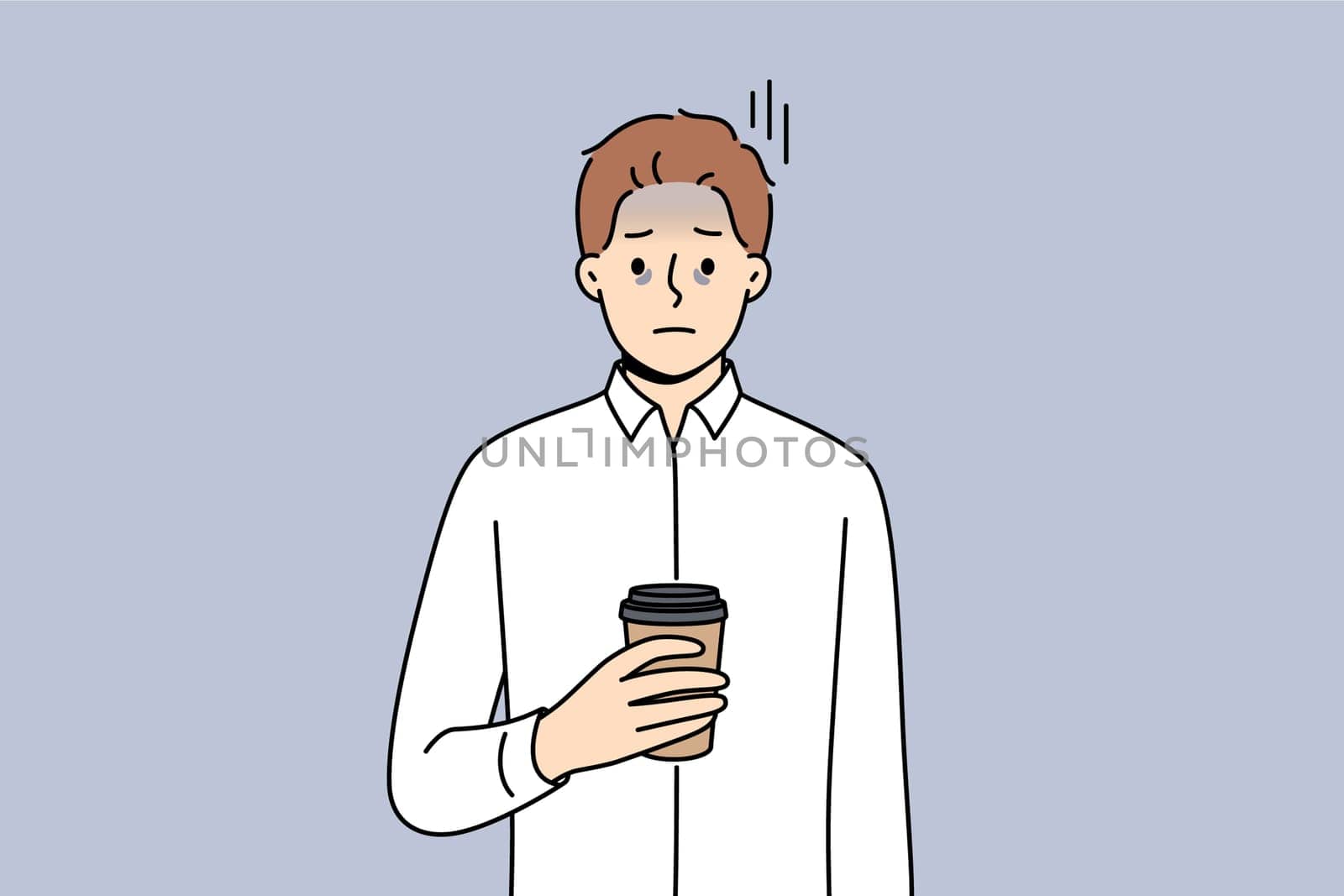Tired business man suffering from exhaustion and burnout and holding paper cup of coffee in hands. Problems exhaustion among office employee experiencing health difficulties due to constant overtime