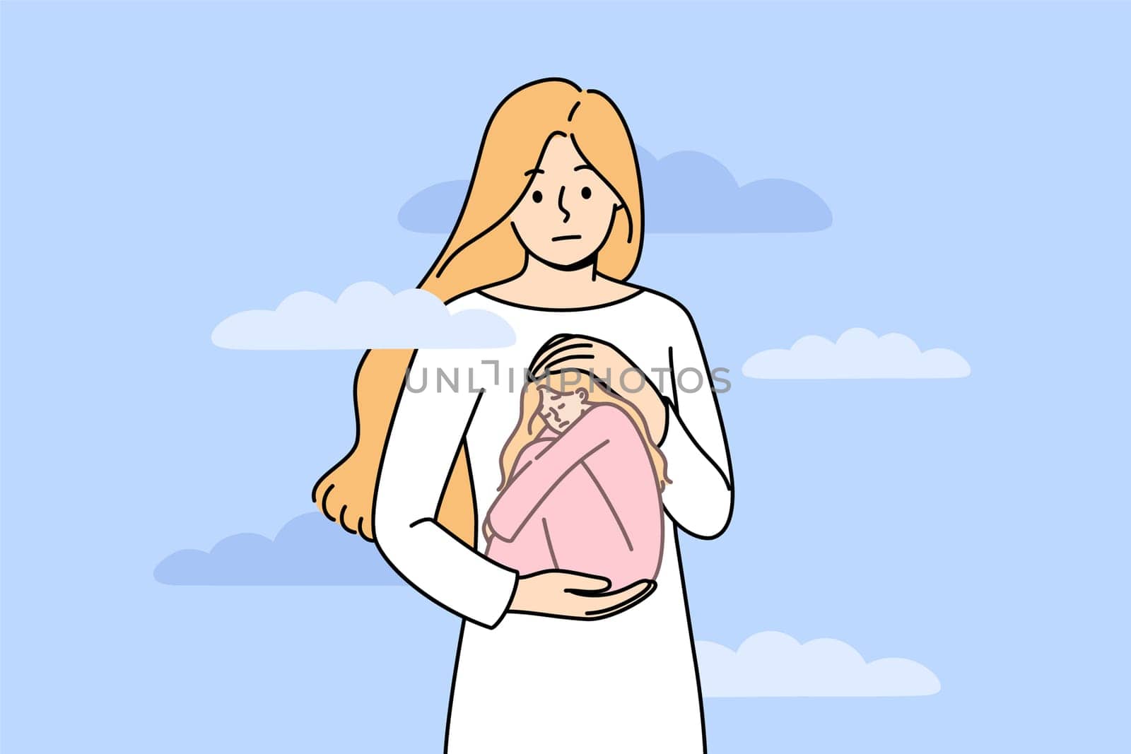 Mental pain and suffering in upset woman, feeling crying girl inside own soul. Lady standing among clouds experiences depression and mental pain, needs psychotherapy to restore motivation for life