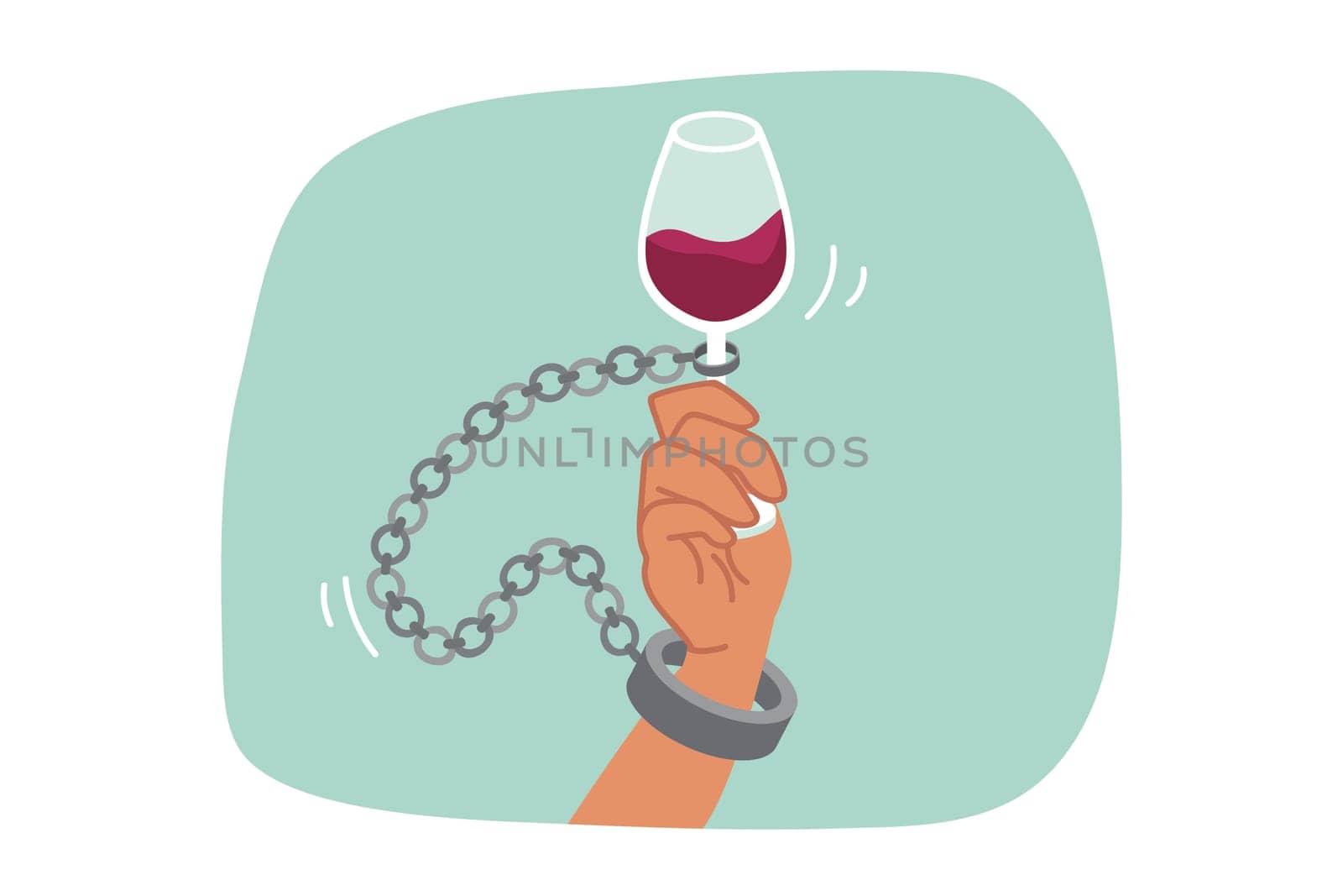 Alcohol addiction is suffered by man with glass of red wine and shackles, due to lack of willpower. Problem of alcohol addiction and slavery from bad habits, destroying life of victim